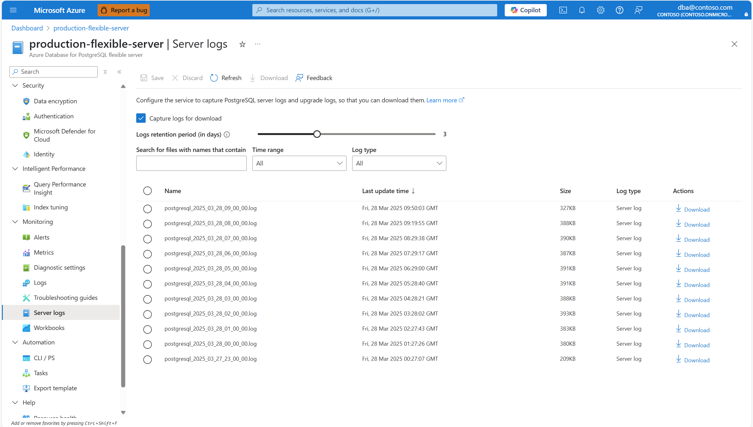 Skärmdump som visar serversidans loggsida med några loggar fångade och som framhäver hur man laddar ner en av dem.