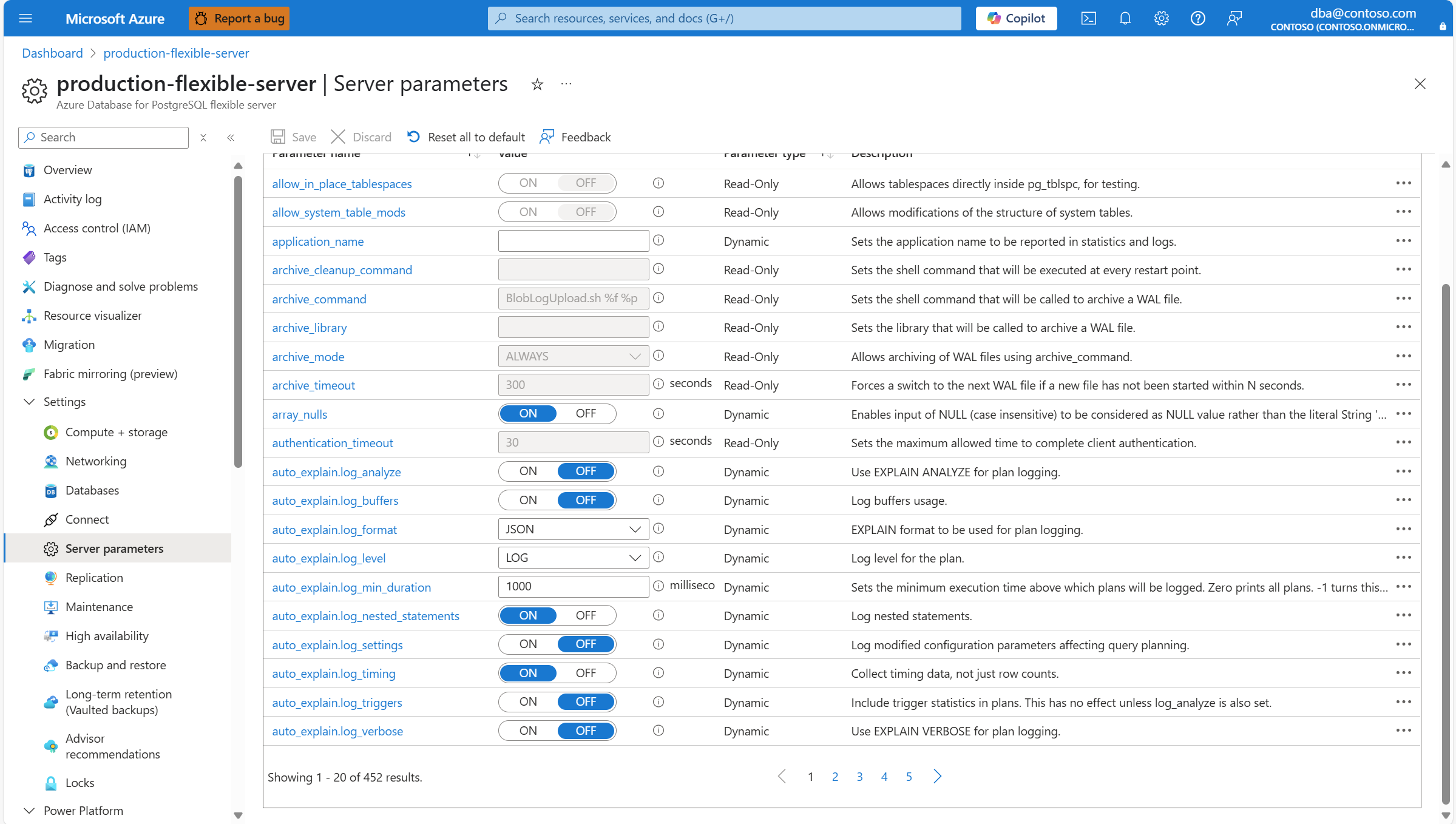 Skärmbild som visar din position vid växling på sidan Serverparametrar.
