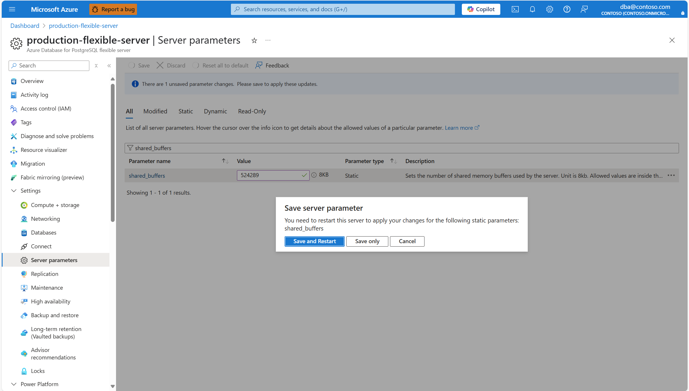Skärmbild av dialogrutan där du begär en omstart av servern när du har modifierat en statisk parameter.