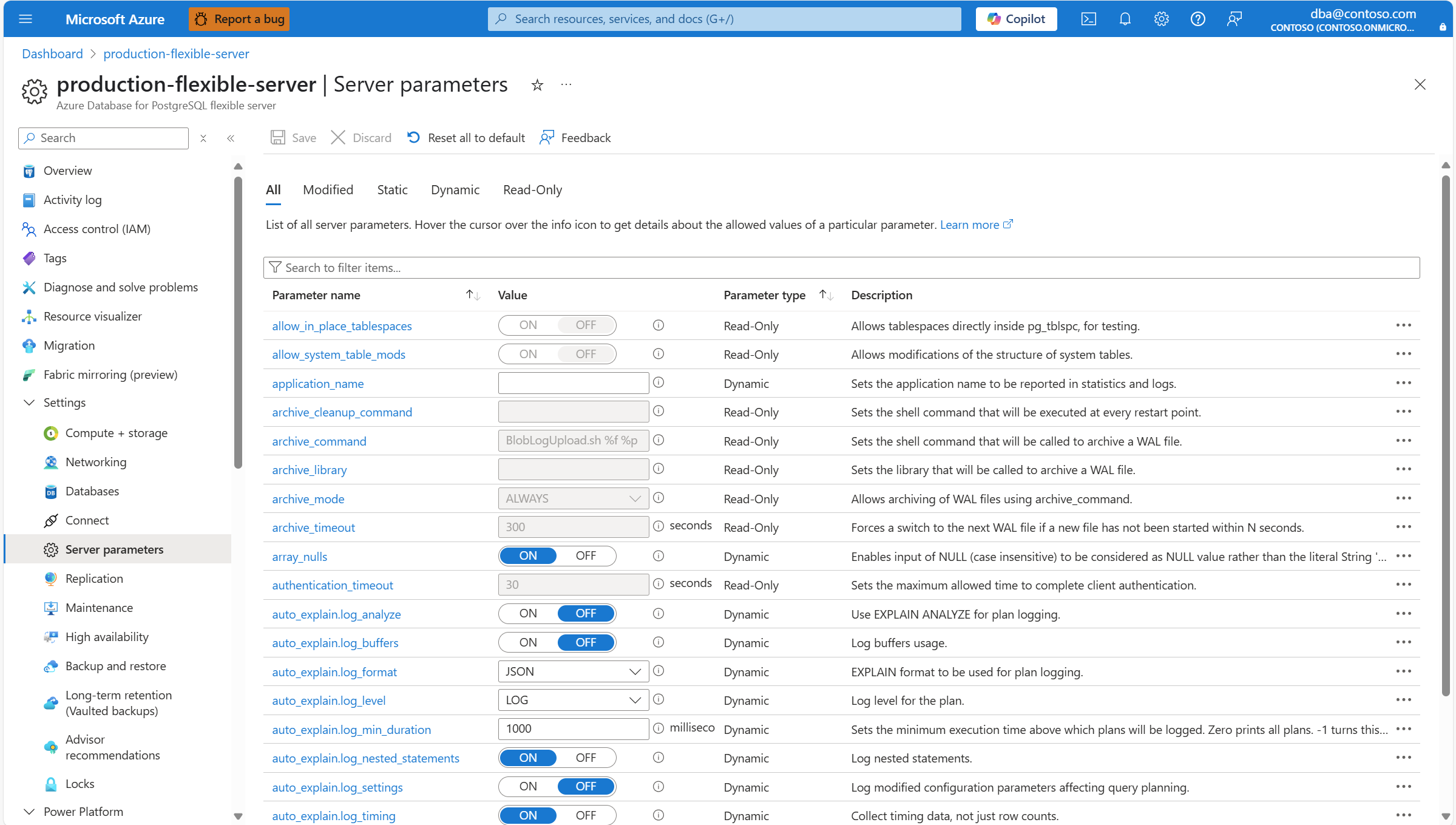 Skärmbild som visar fliken Alla på sidan Serverparametrar.