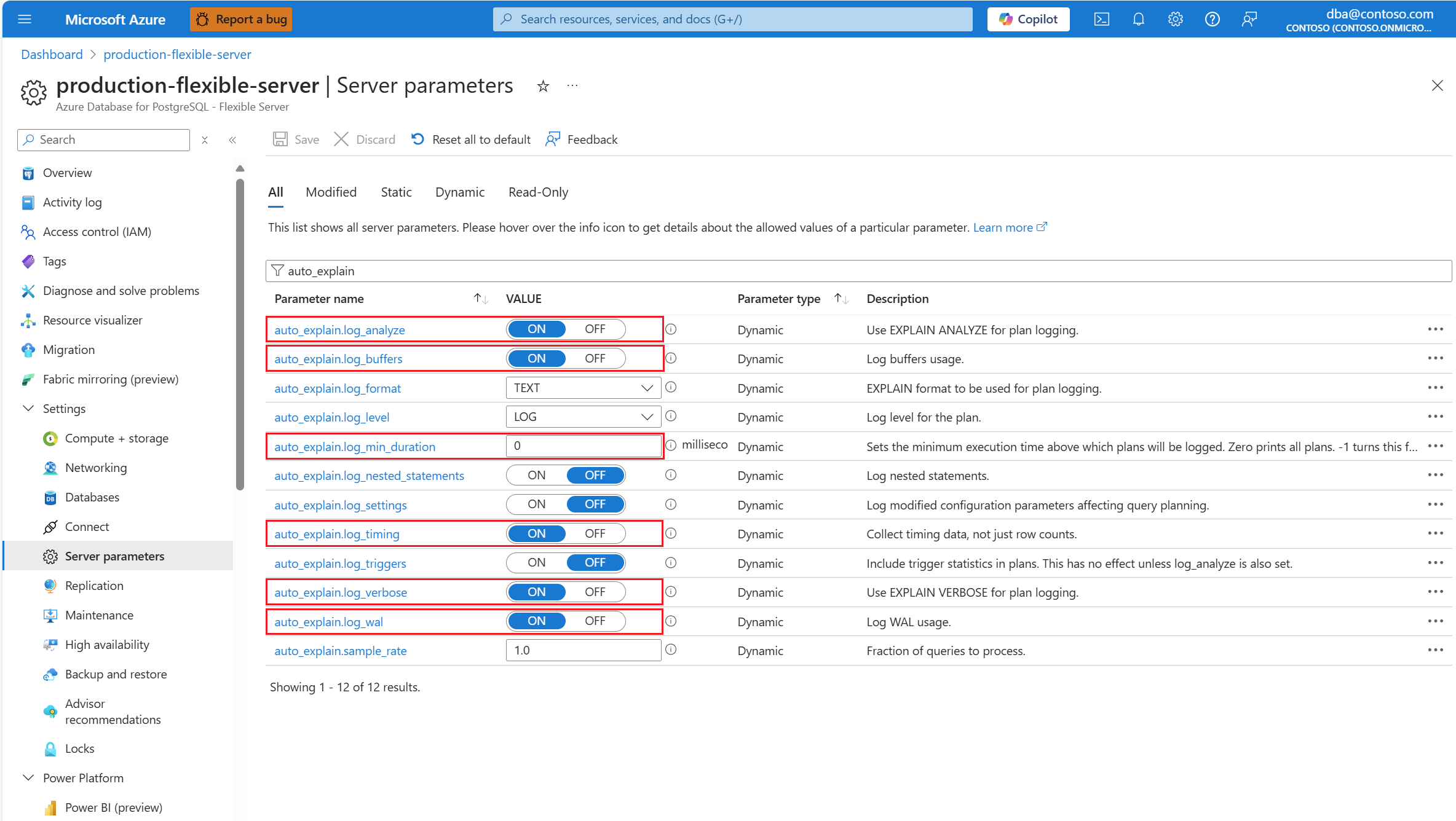 Skärmbild som visar auto_explain serverparametrar som måste konfigureras.