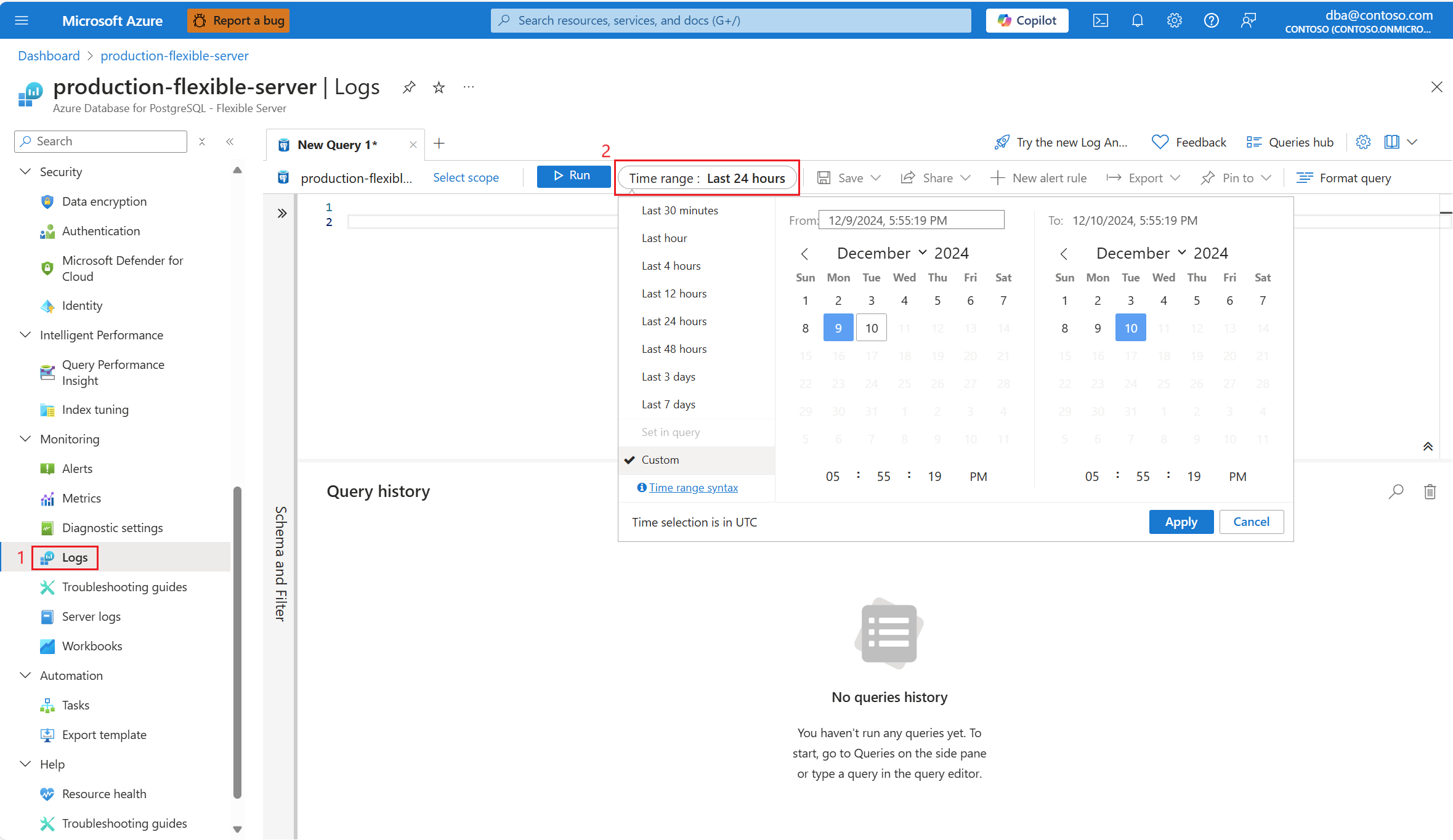 Skärmbild som visar hur du väljer ett tidsfönster i Felsökningsguider.