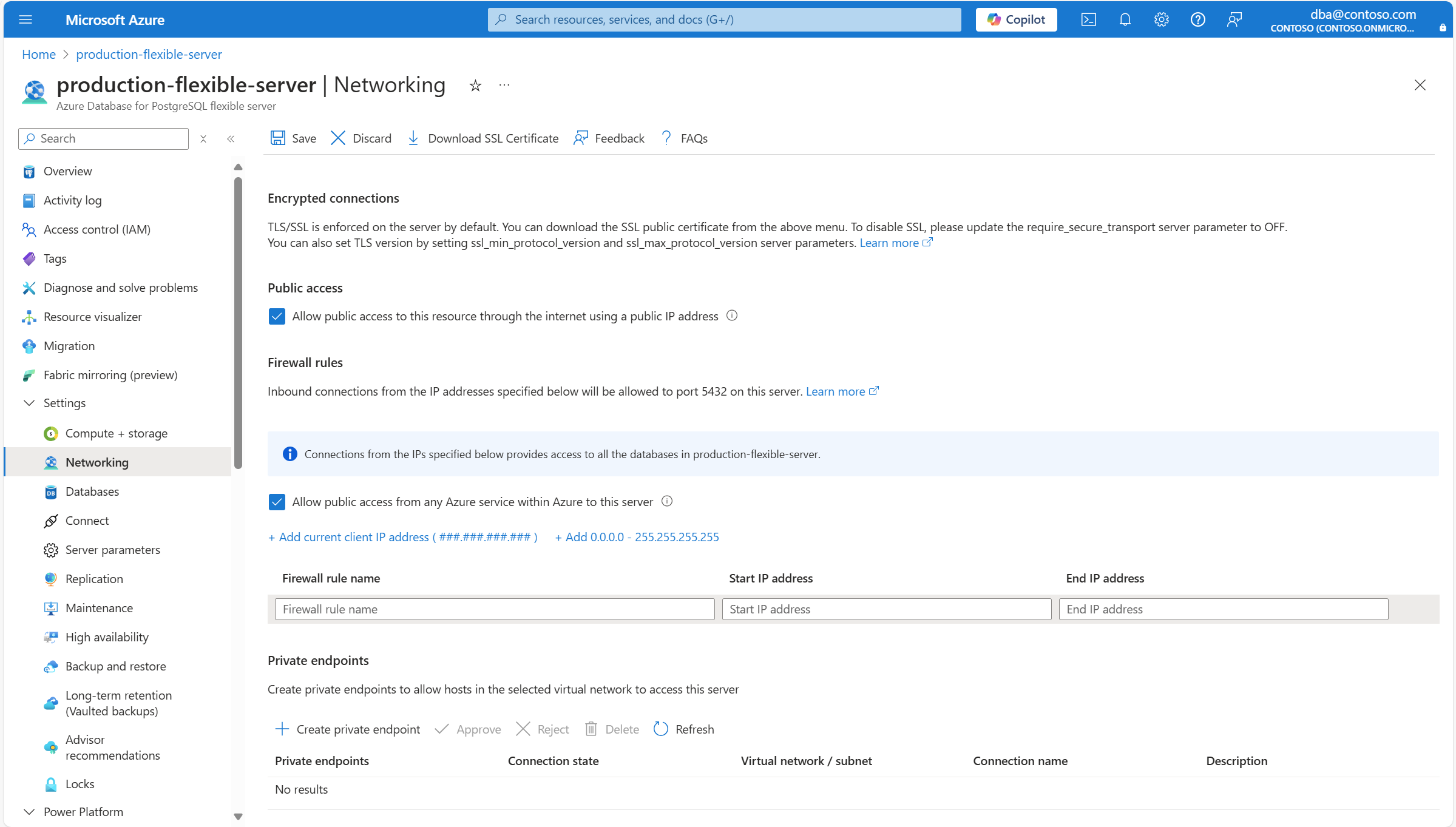 Screenshot showing how to add a firewall rule to allow connections from any Azure service.