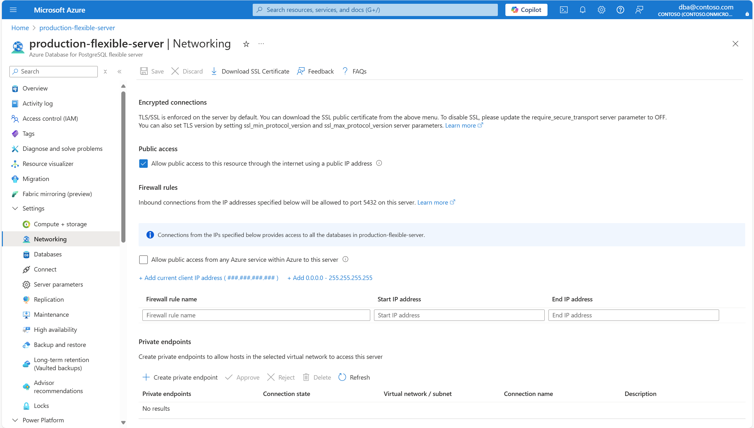 Screenshot showing how to add a firewall rule to allow connections from the IP address of the computer from which you're navigating the Azure portal.