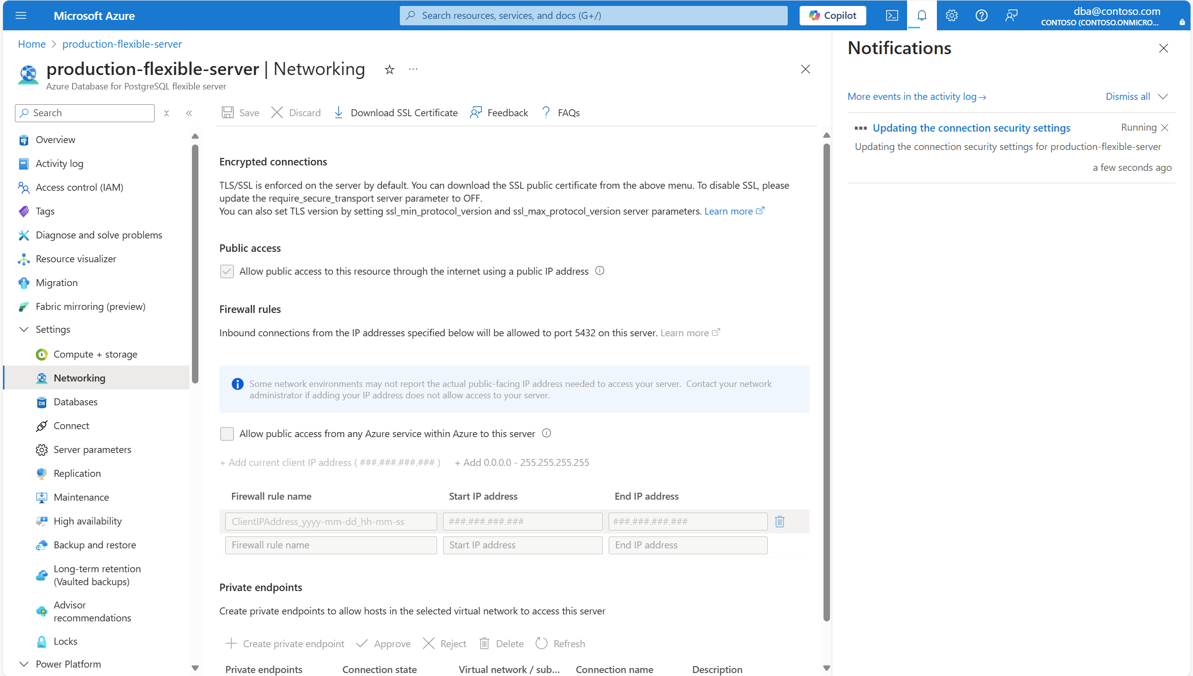 Screenshot showing a server whose network settings are being saved.