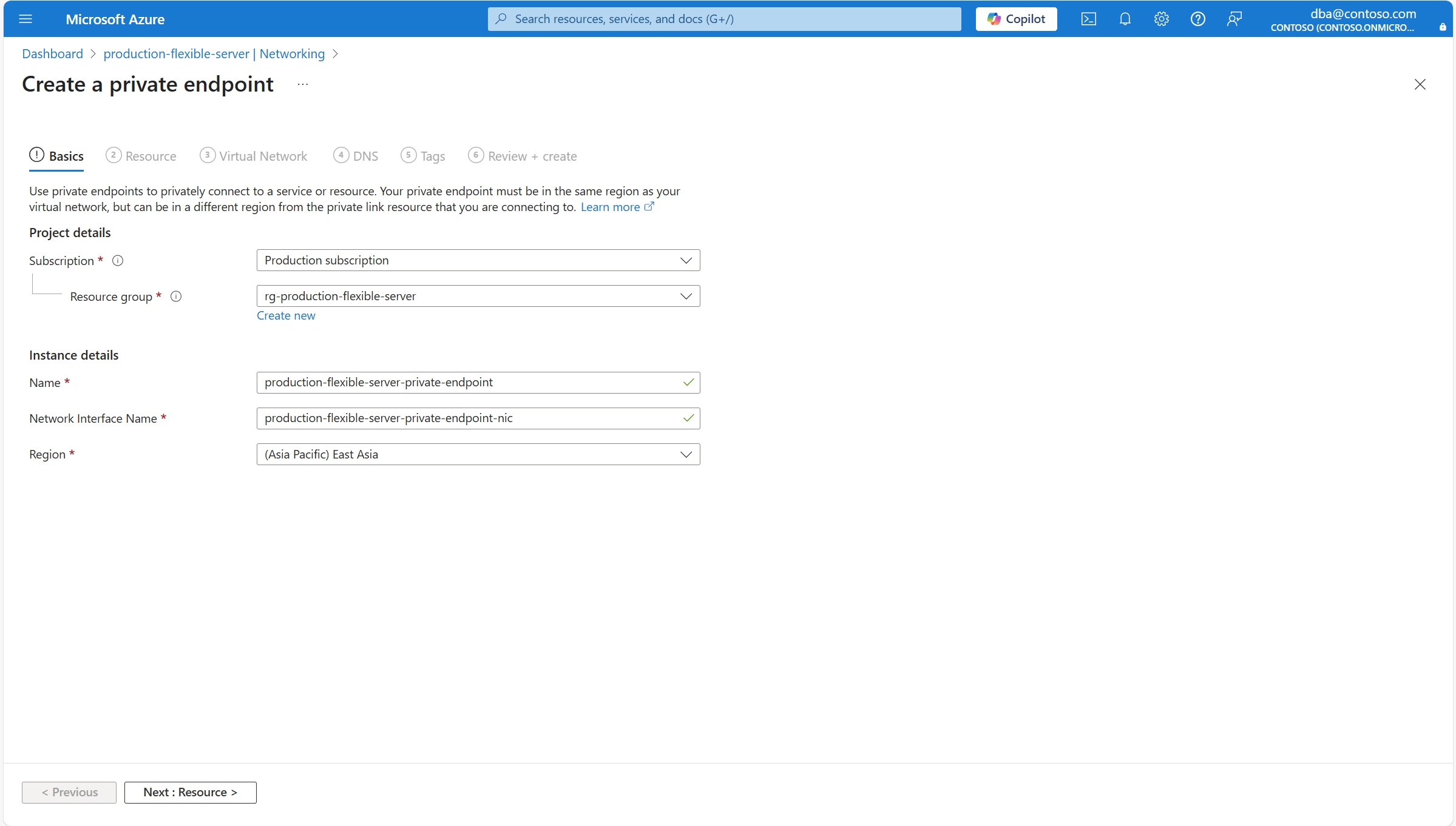 Skärmbild som visar sidan Grundläggande i Skapa en privat slutpunkt.