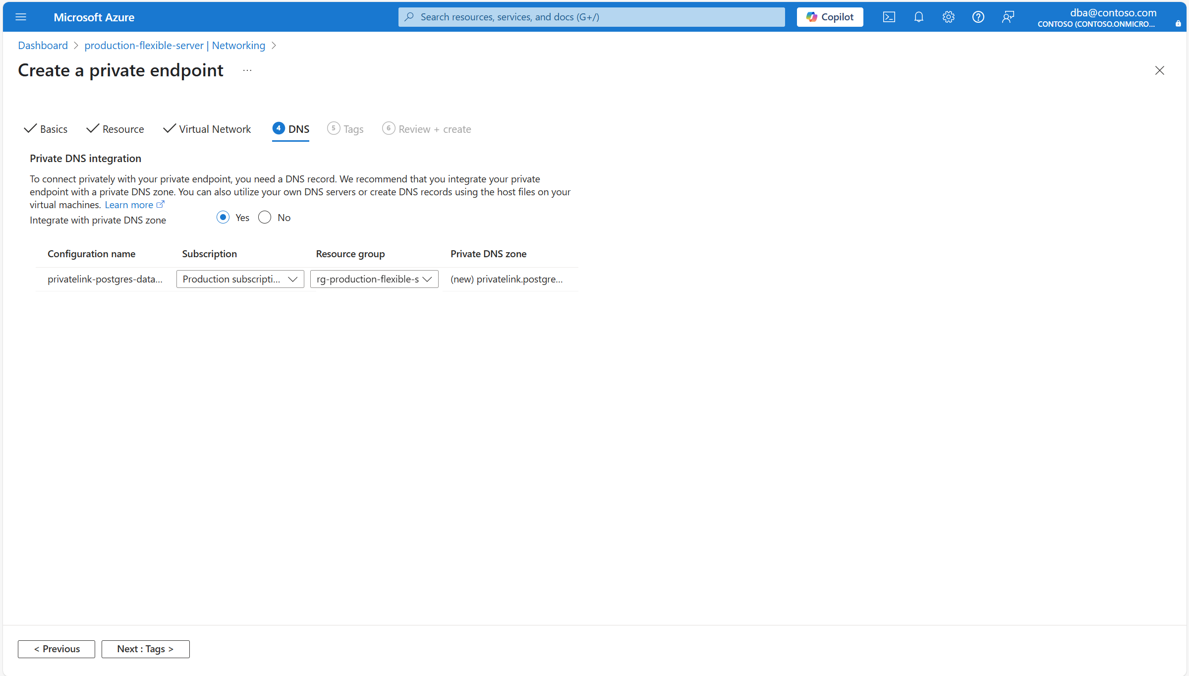 Skärmbild som visar DNS-sidan i Skapa en privat slutpunkt.