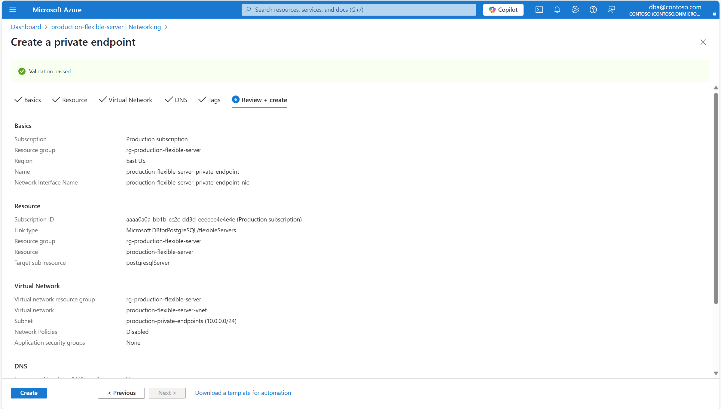 Skärmbild som visar sidan Granska + skapa i Skapa en privat slutpunkt.