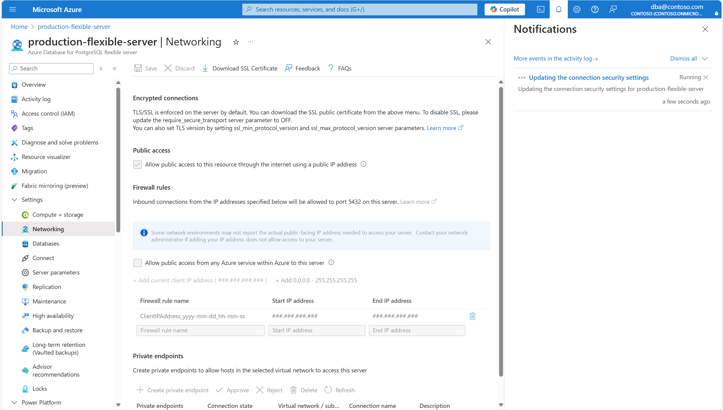 Skärmbild som visar en server vars nätverksinställningar sparas.
