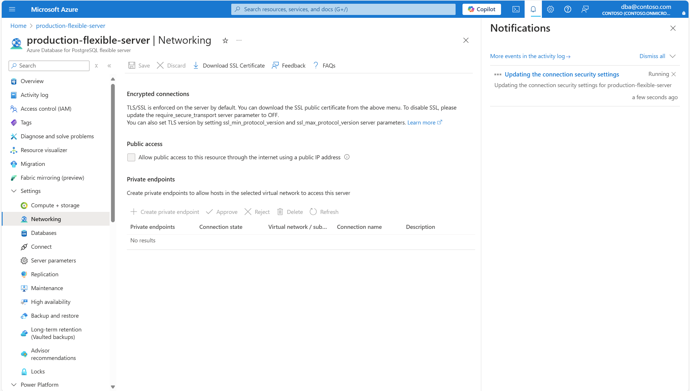 Screenshot showing a server whose network settings are being saved.