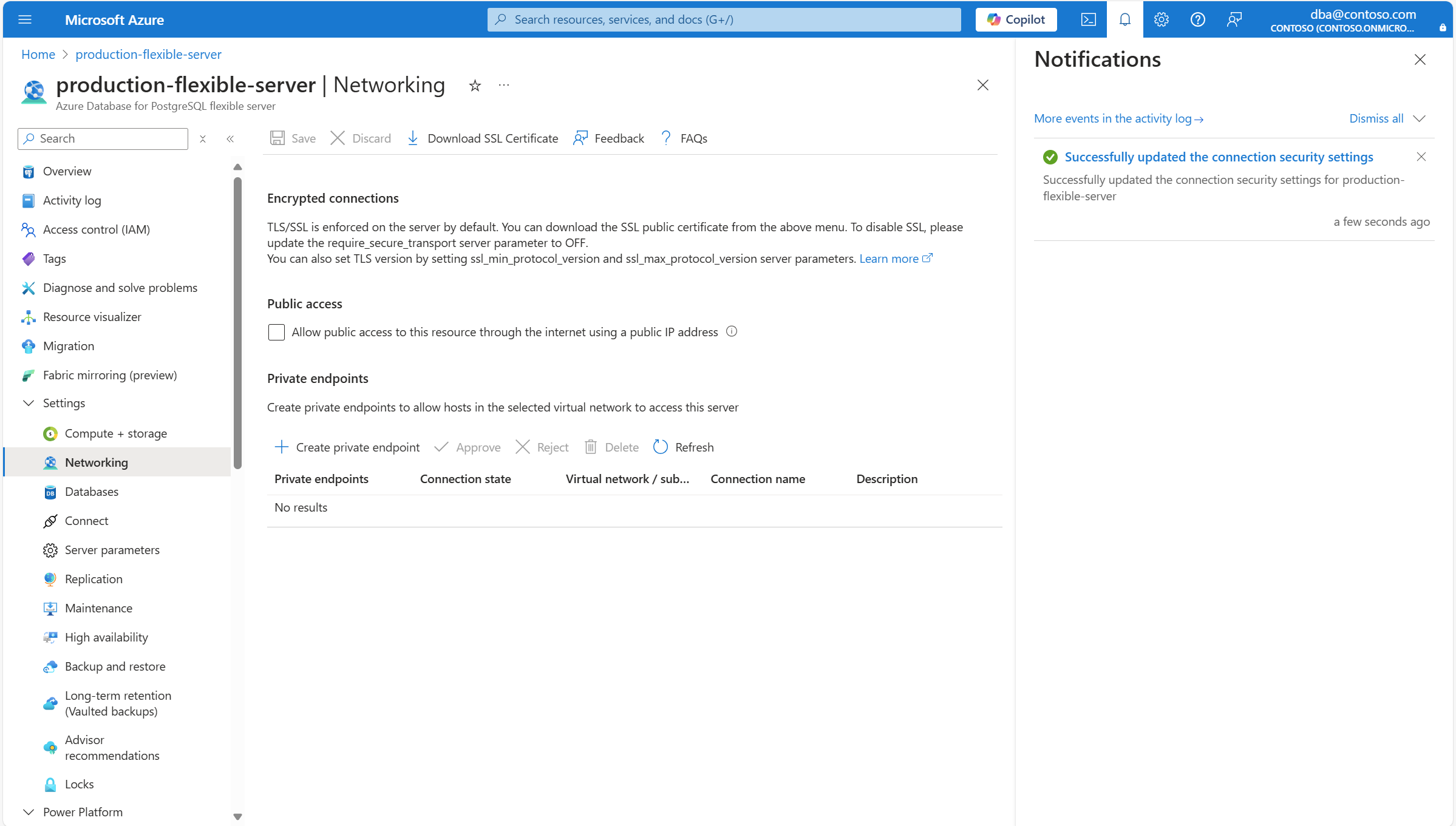 Screenshot showing a server whose network settings were successfully saved.