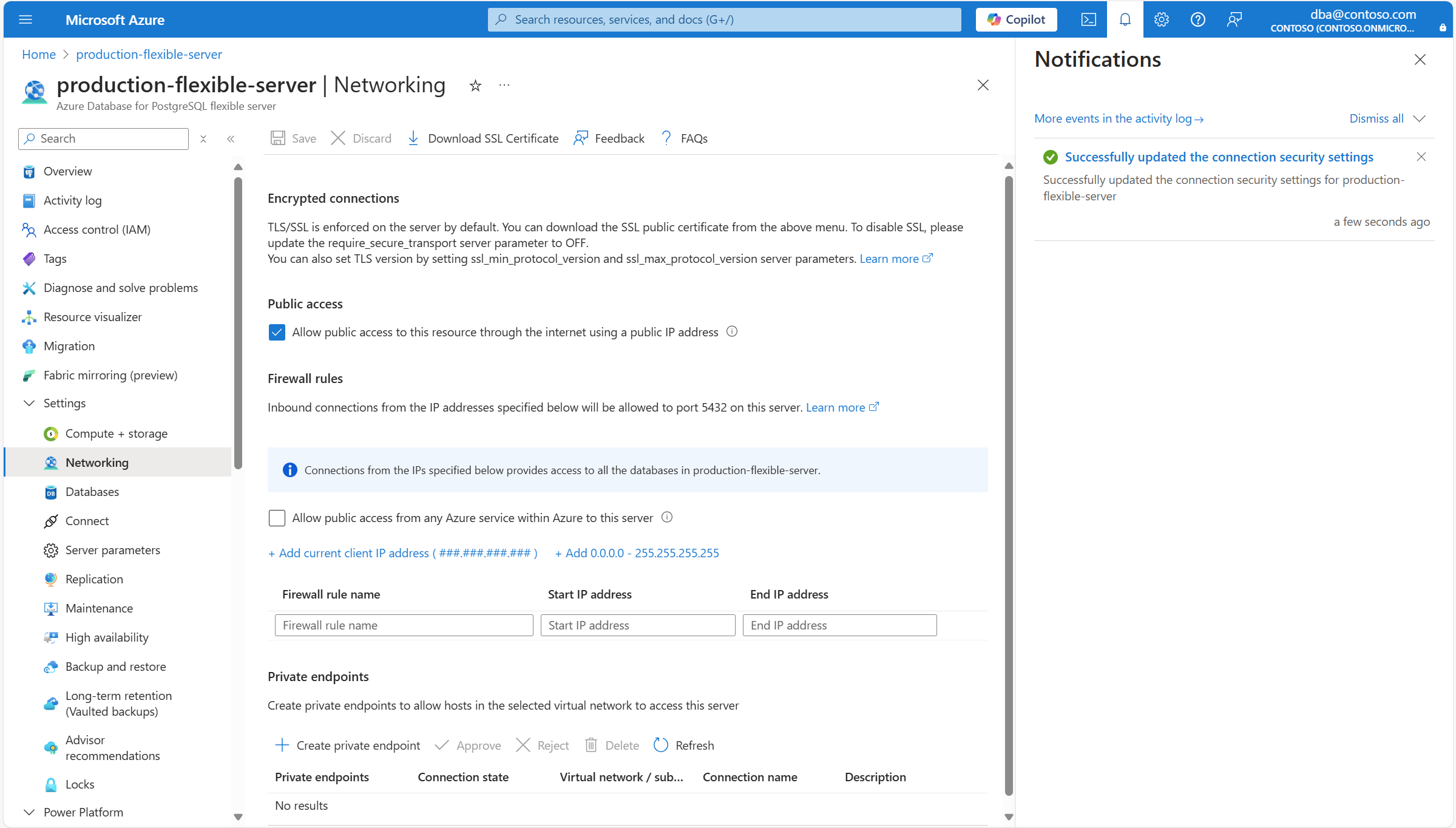 Skärmbild som visar en server vars nätverksinställningar har sparats.
