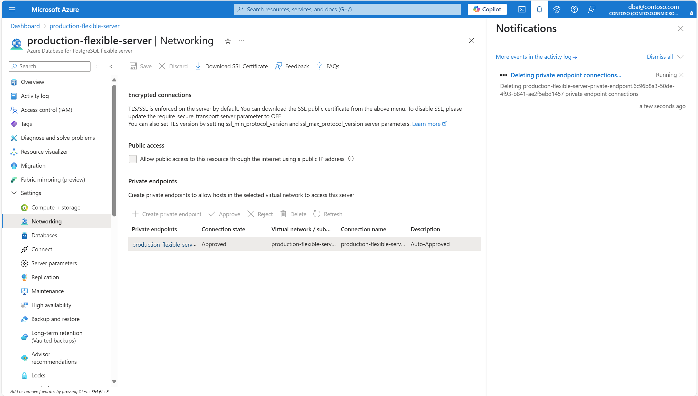 Skärmbild som visar meddelandet som informerar om att den privata slutpunktsanslutningen tas bort.