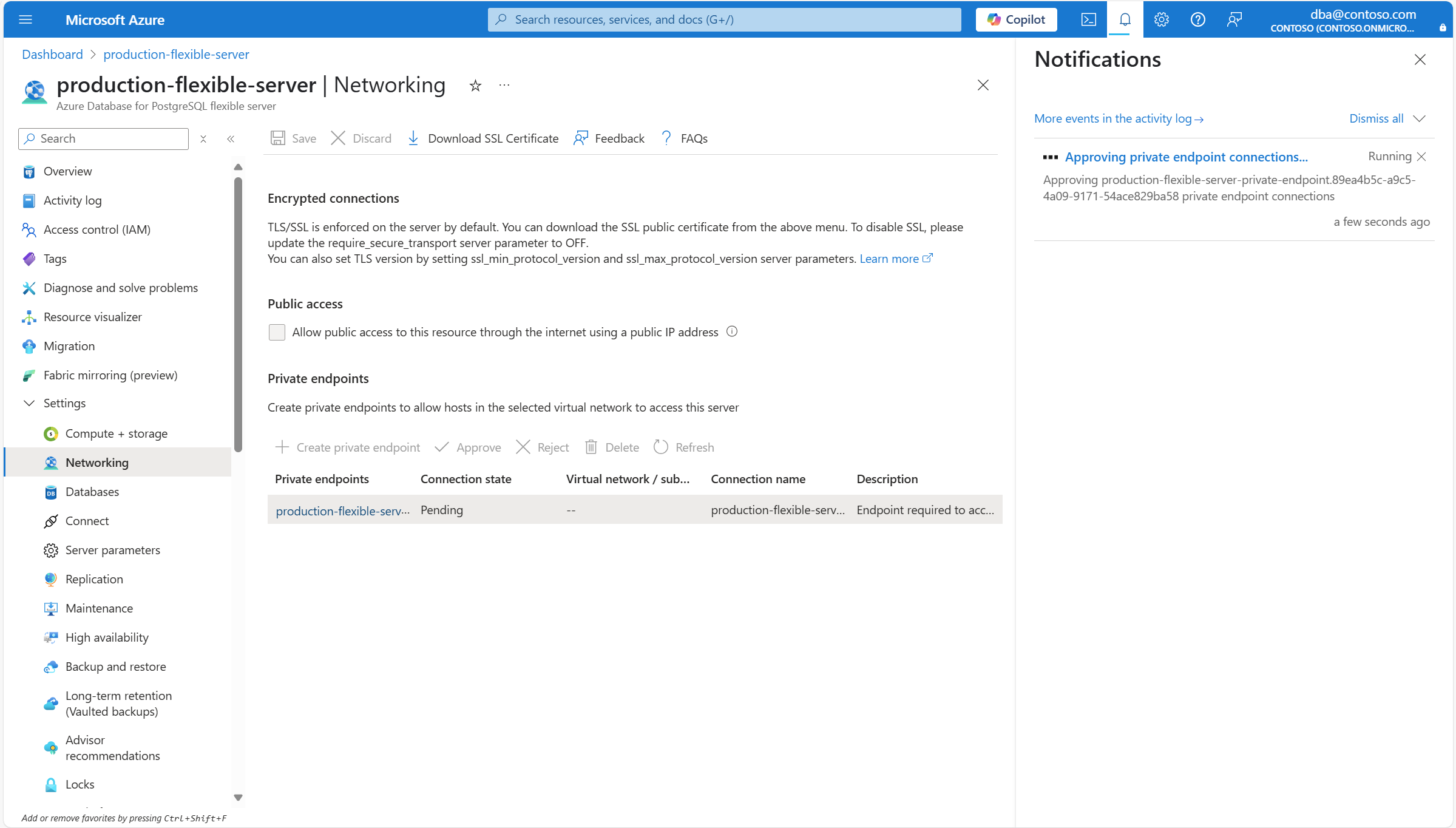 Skärmbild som visar meddelandet som informerar om att det godkänner den privata slutpunktsanslutningen.