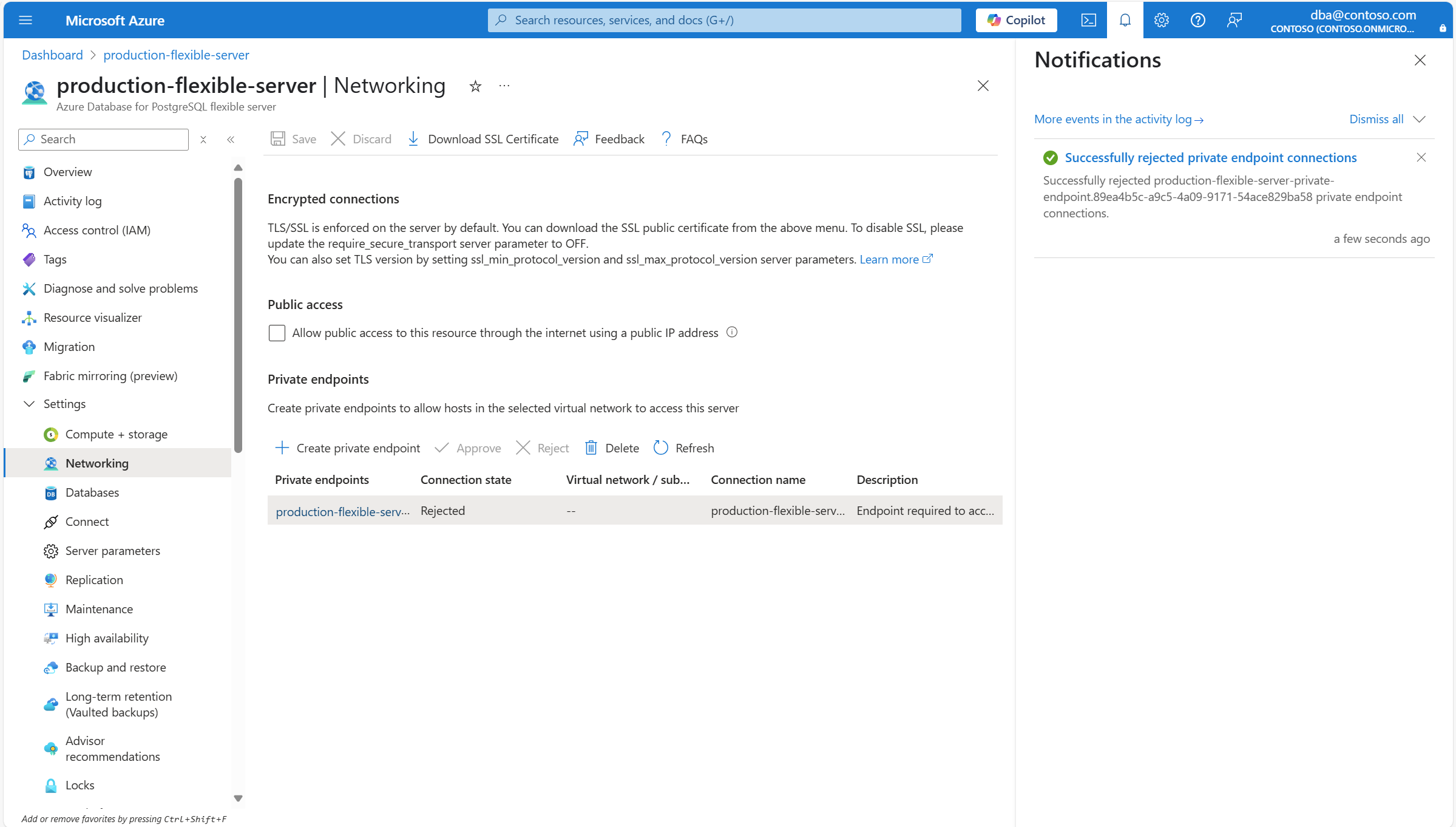 Skärmbild som visar meddelandet som informerar om att den privata slutpunktsanslutningen avvisas.