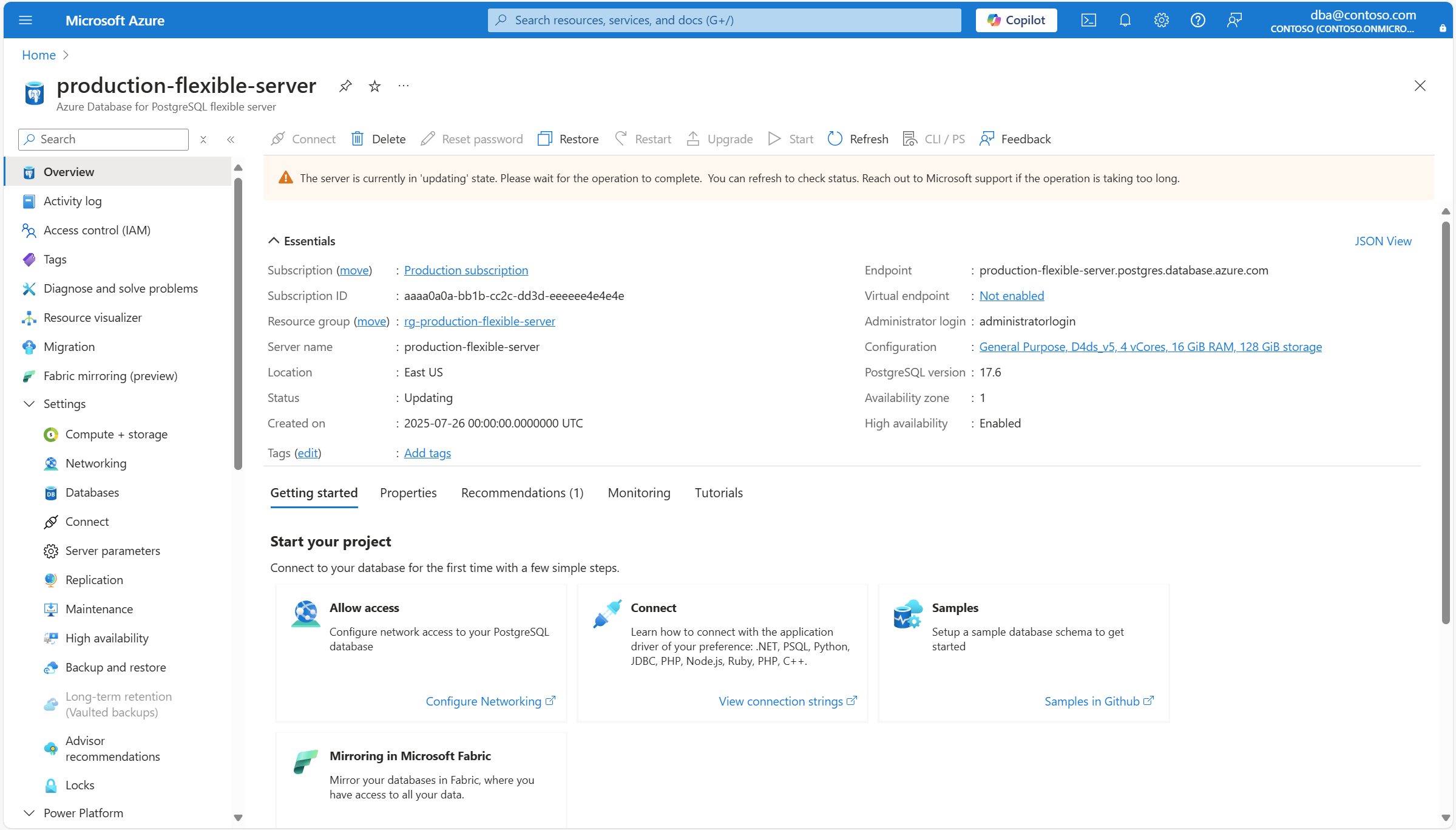 Screenshot showing that server status is Updating.