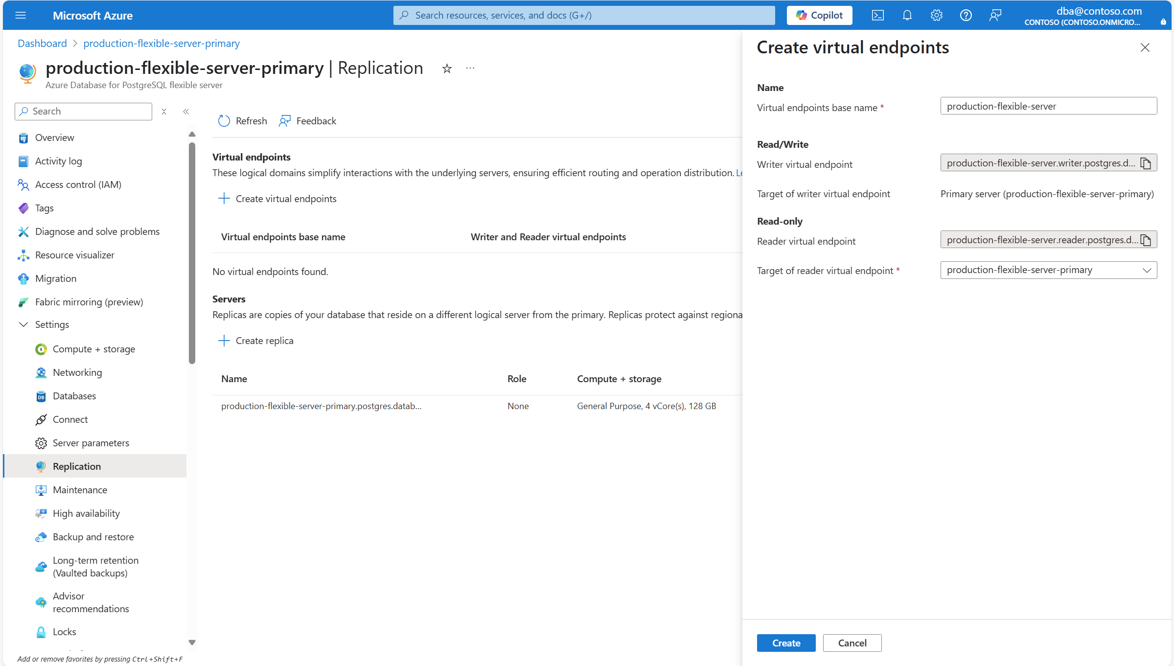 Skärmbild som visar knappen Skapa för att skapa de virtuella slutpunkterna.