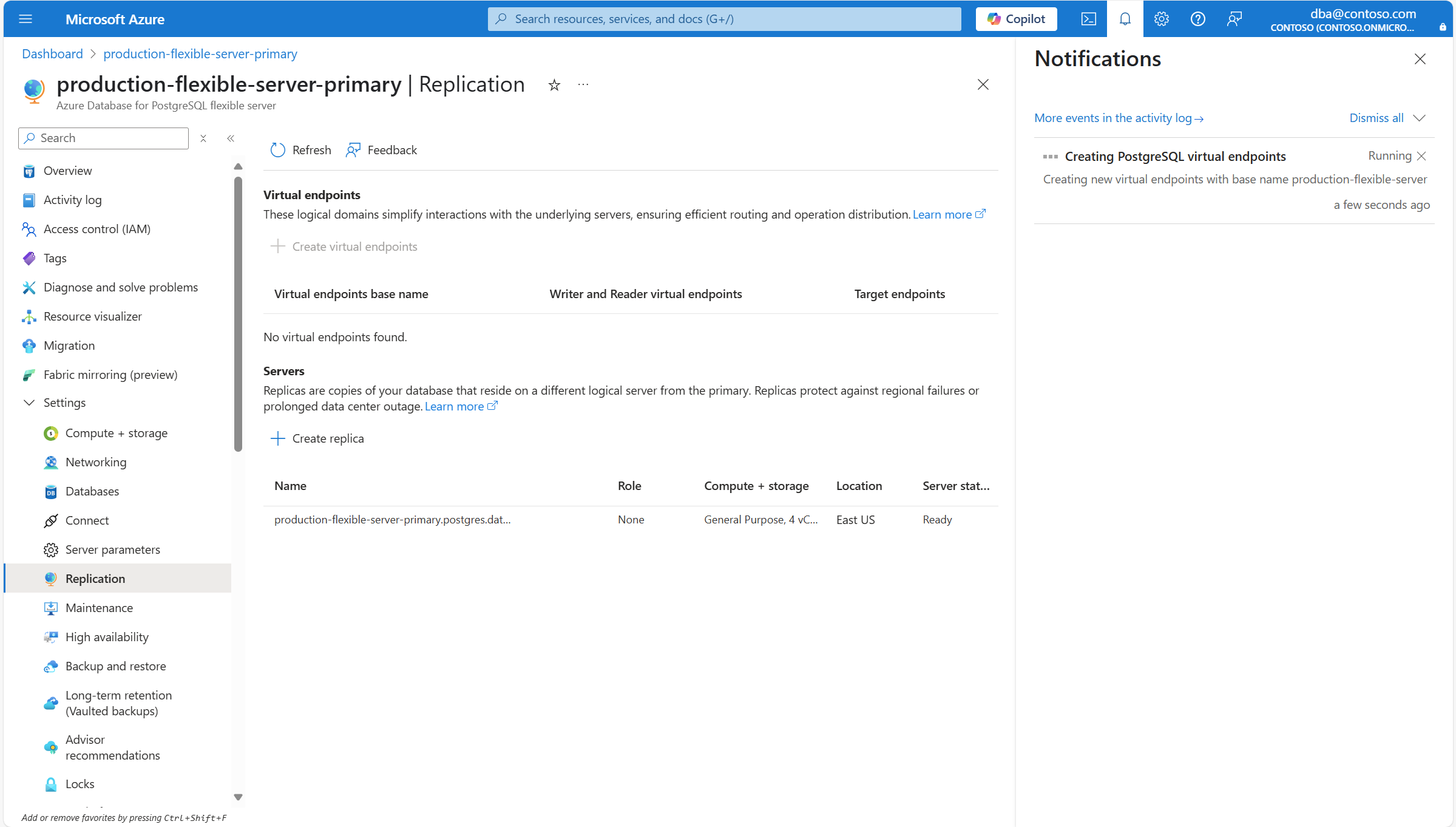Skärmbild som visar ett meddelande som informerar om att de virtuella slutpunkterna skapas.