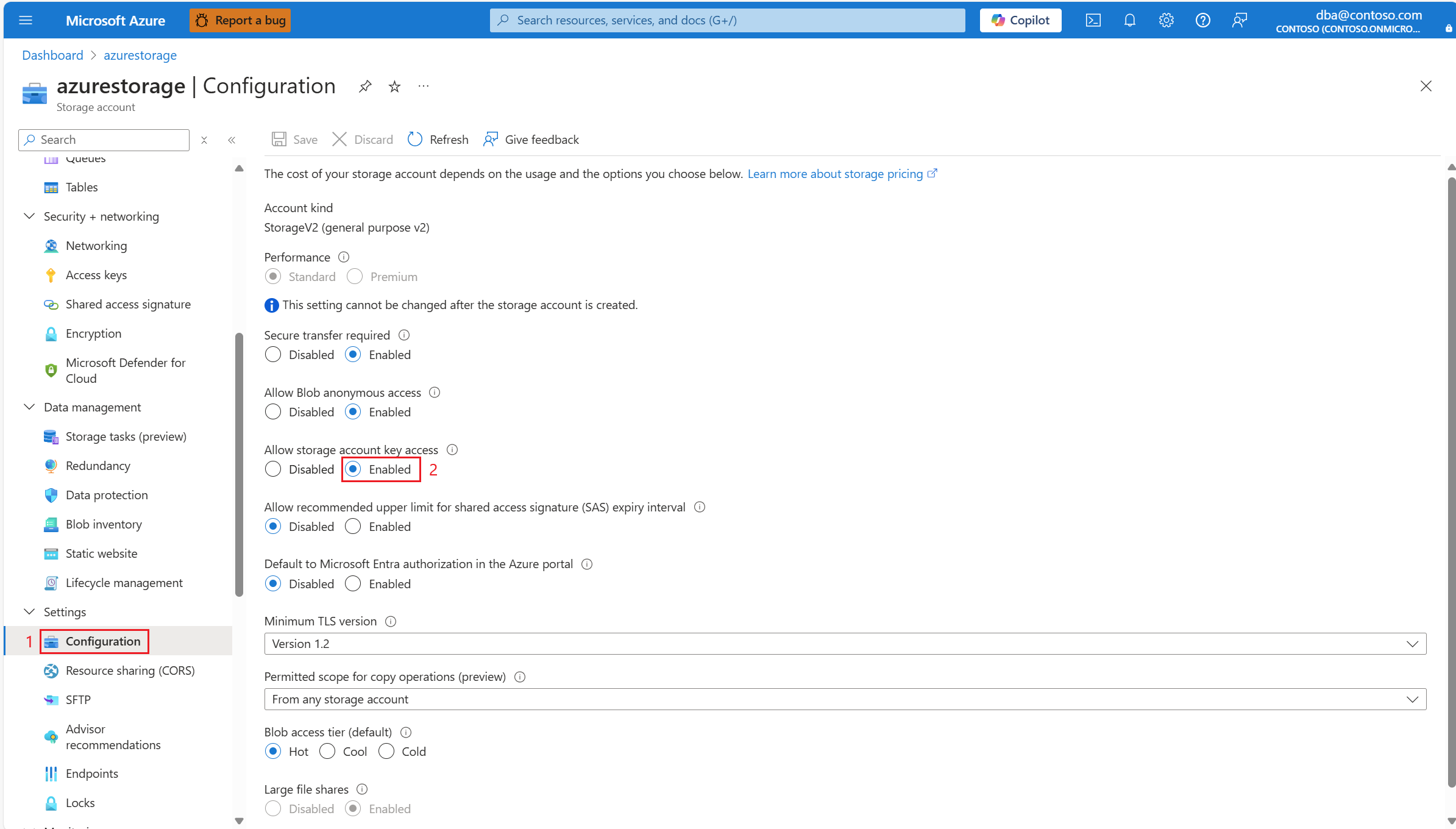 Skärmbild som bekräftar att Tillåt åtkomst till lagringskontonyckel är aktiverat.