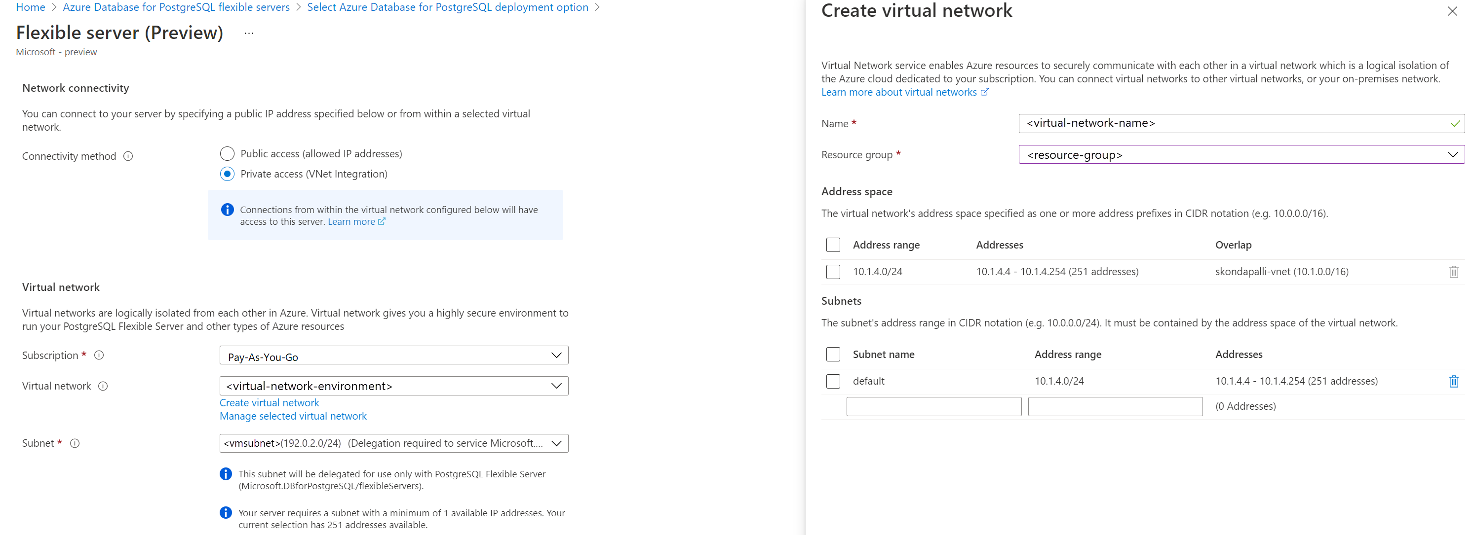 Skärmbild som visar fliken Nätverk med nytt VNET.