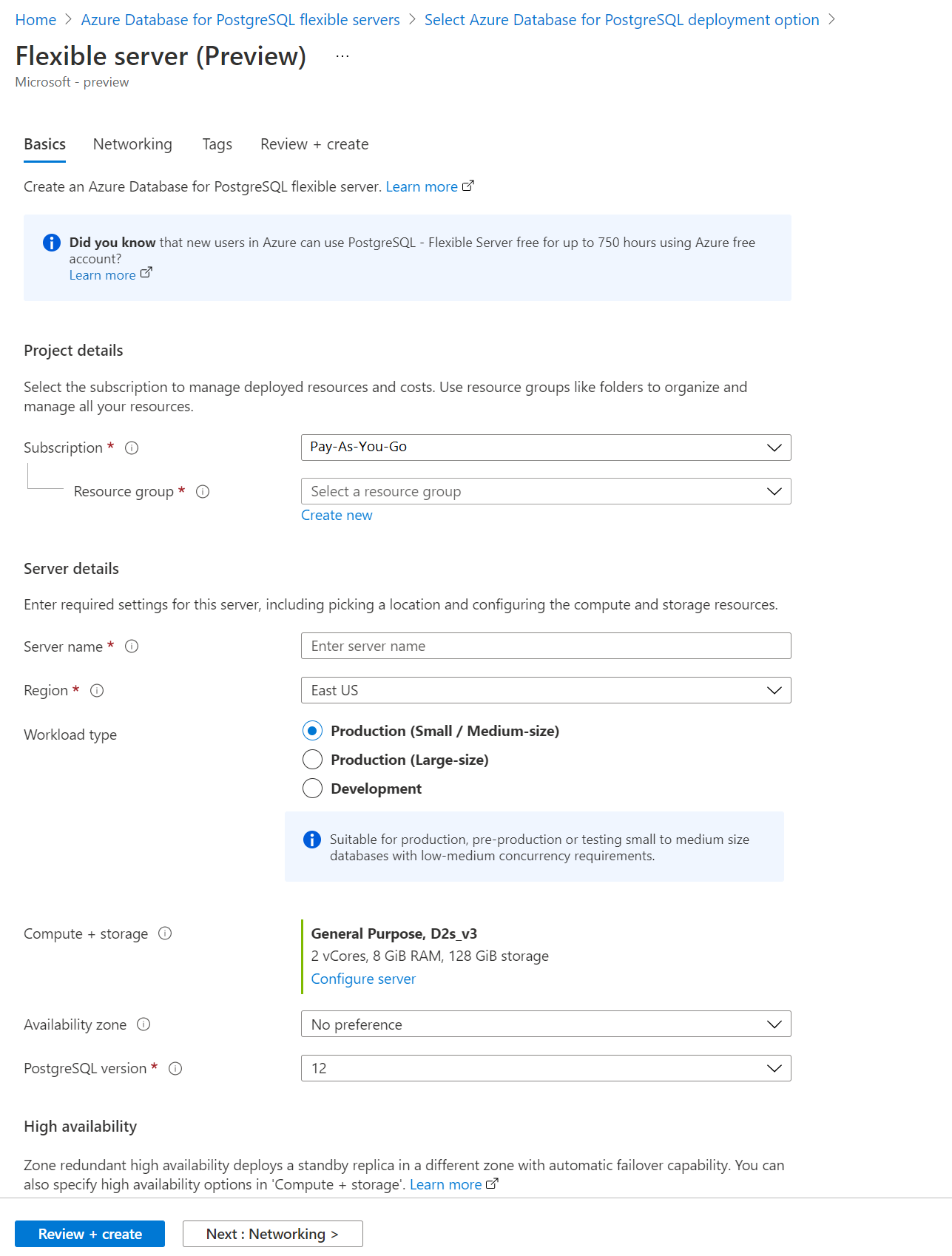 Skärmbild som visar fliken Grundläggande på sidan Azure Database for PostgreSQL.