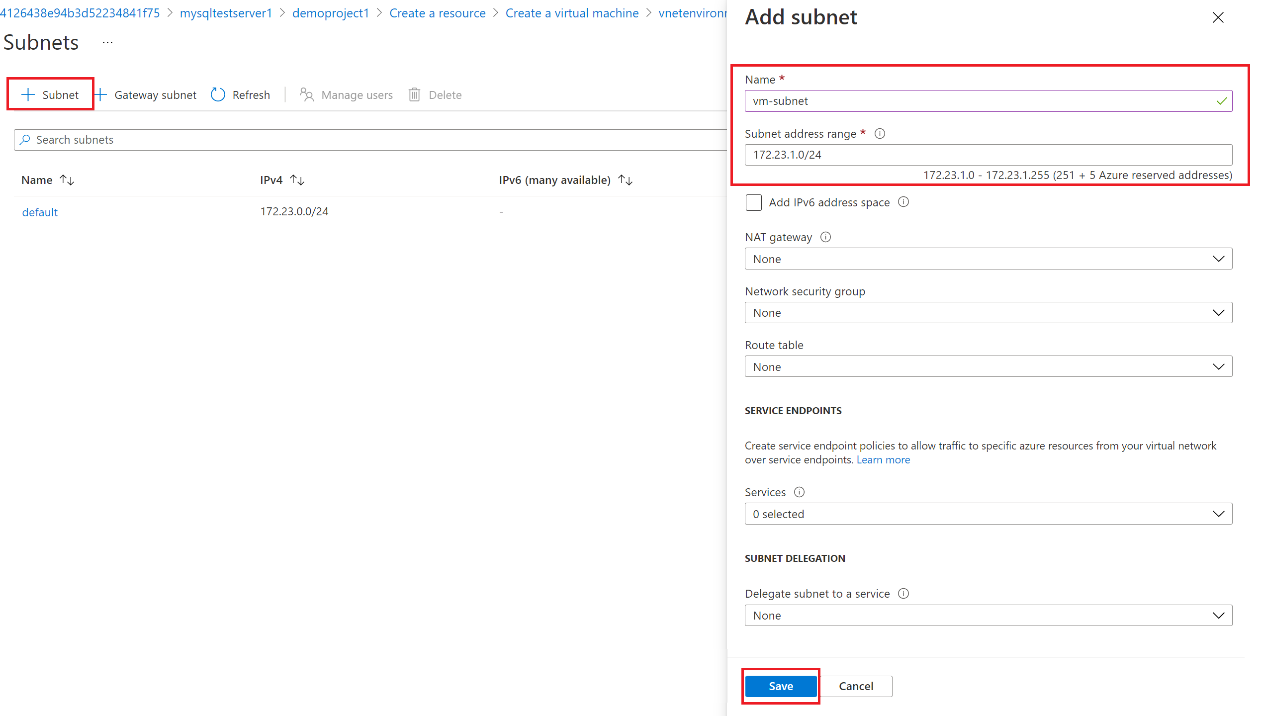 Skärmbild av att lägga till ett nytt undernät för den virtuella datorn.
