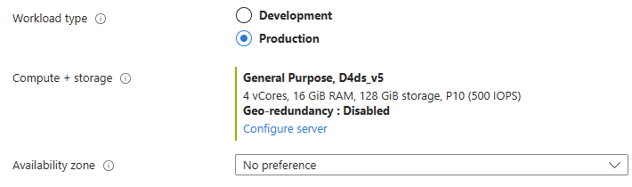 Skärmbild av Azure-portalen som visar avsnittet Compute + Storage och en åtgärdsbar Konfigurera server-URL.