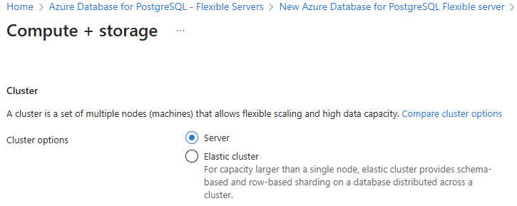 Skärmbild av det översta avsnittet på konfigurationssidan för Beräkning + lagring. Servern är markerad. Elastiskt kluster rensas.