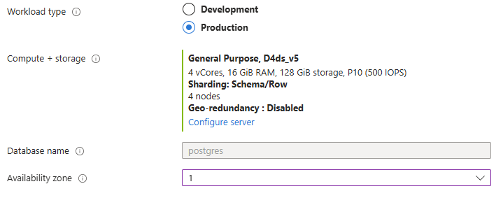 Skärmbild av huvudkonfigurationssidan. Avsnittet Compute + Storage har ett nytt schema/rad för horisontell partitionering och en rad med fyra noder. Fältet Databasnamn visas med värdet postgres nedtonat.