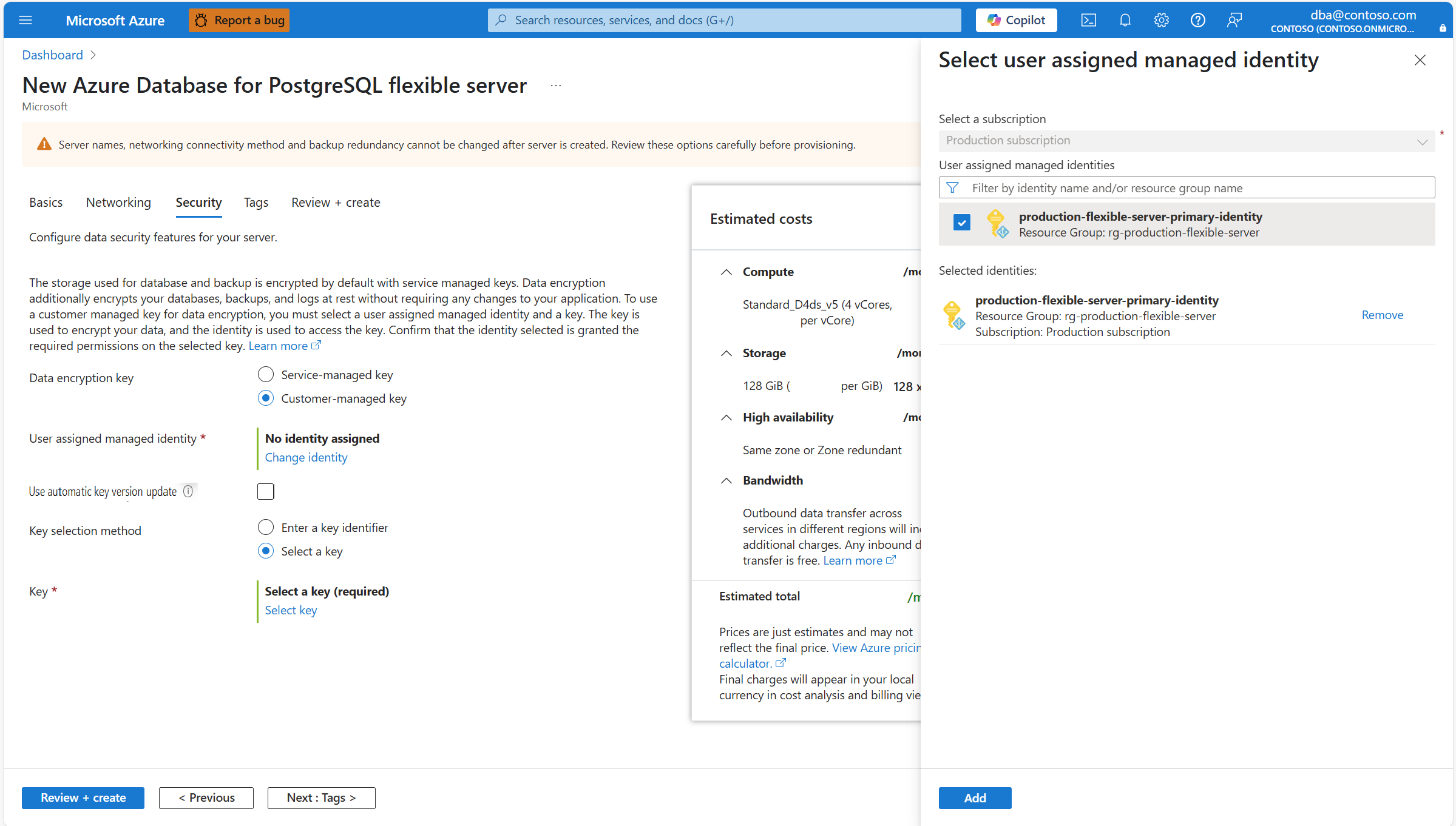 Skärmbild som visar platsen för knappen Lägg till för att tilldela den identitet som servern kommer åt datakrypteringsnyckeln med.