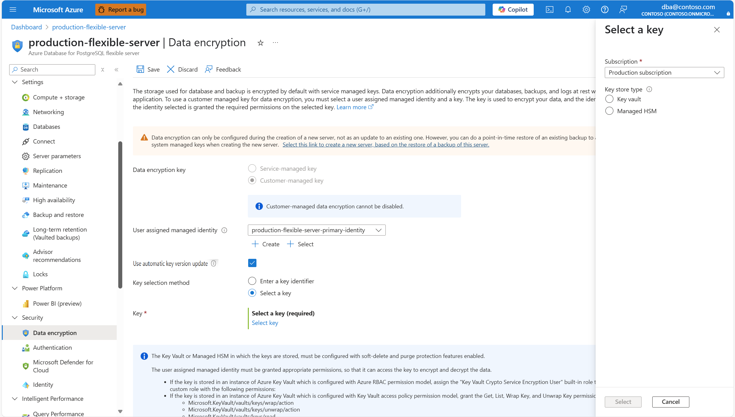 Skärmbild som visar hur du väljer den prenumeration där nyckelarkivet ska finnas.