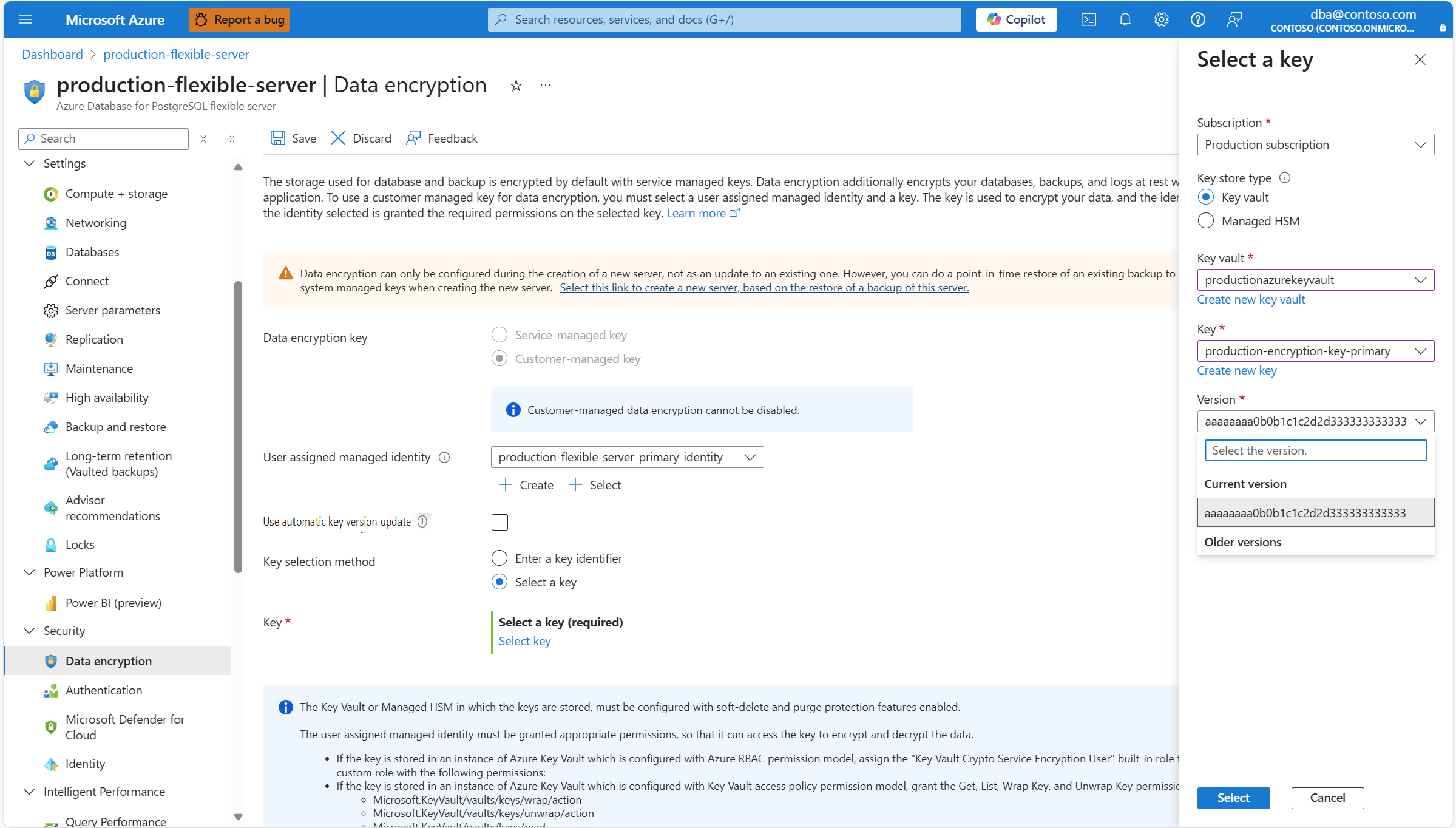 Skärmbild som visar hur du väljer vilken version som ska användas av datakrypteringsnyckeln.
