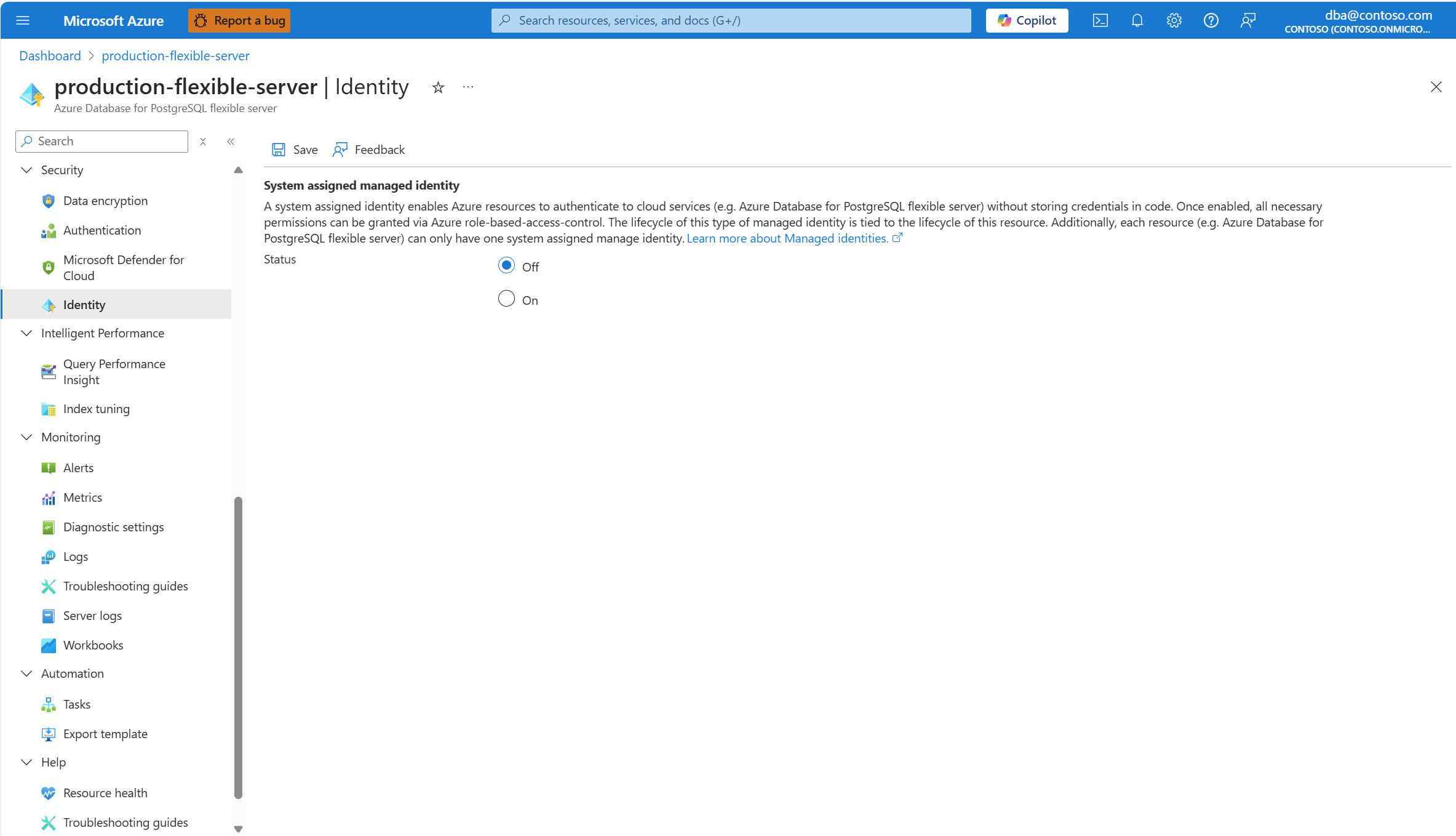 Skärmbild som visar knappen Spara när du har inaktiverat den systemtilldelade hanterade identiteten för en flexibel Azure Database for PostgreSQL-serverinstans.