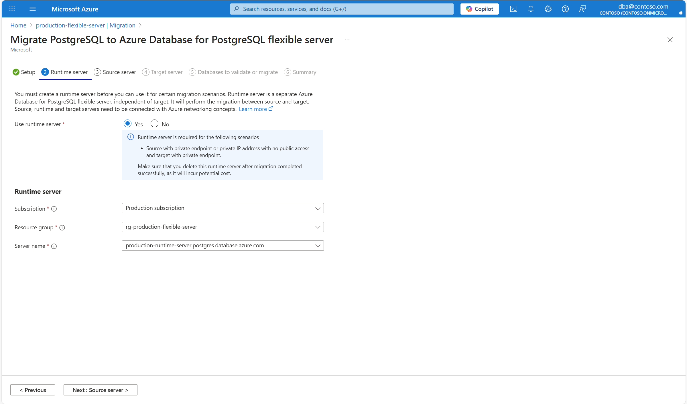 Skärmbild som visar hur du väljer Migreringskörningsserver.