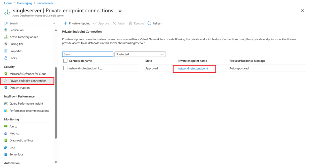 Skärmbild av den privata slutpunktsanslutningen för den enskilda servern.