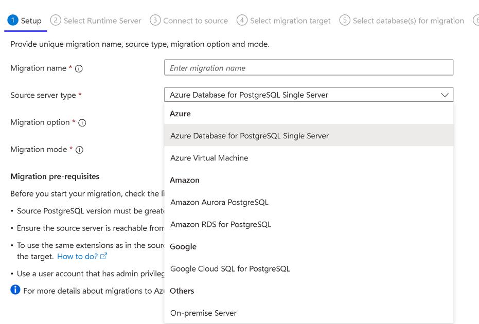 Skärmbild av migreringskonfigurationen som visar olika källor.