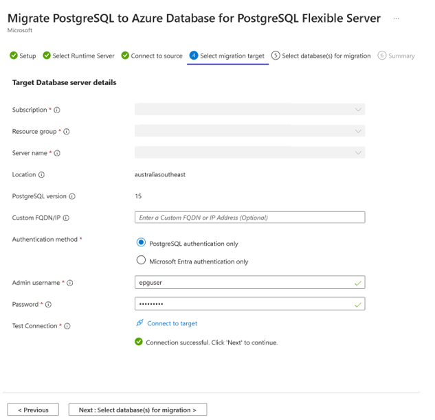 Skärmbild av fliken för att ansluta målet för migrering.