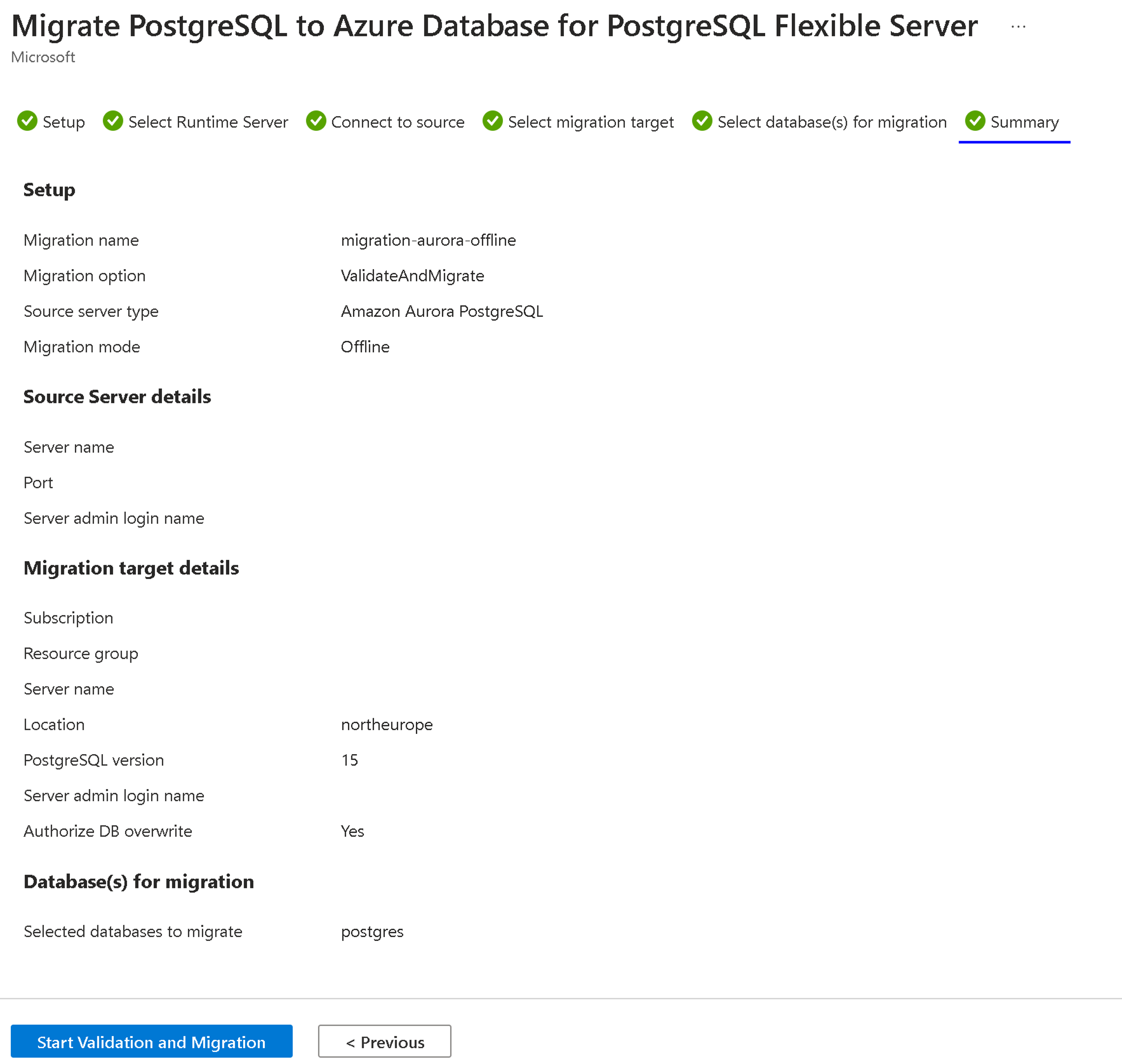 Skärmbild av översiktsrutan för migrering.