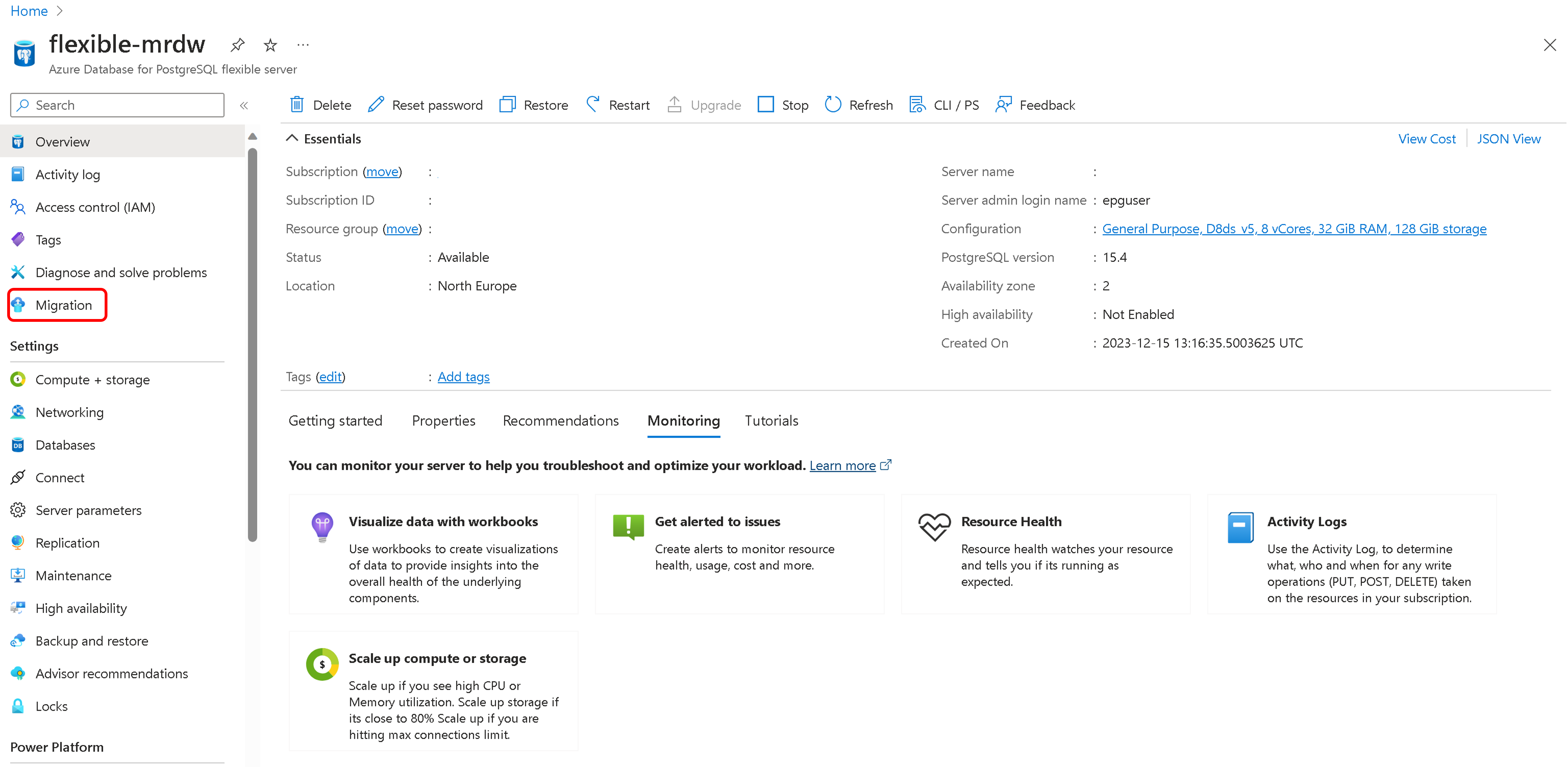 Skärmbild av migreringsvalet i Azure Portal.