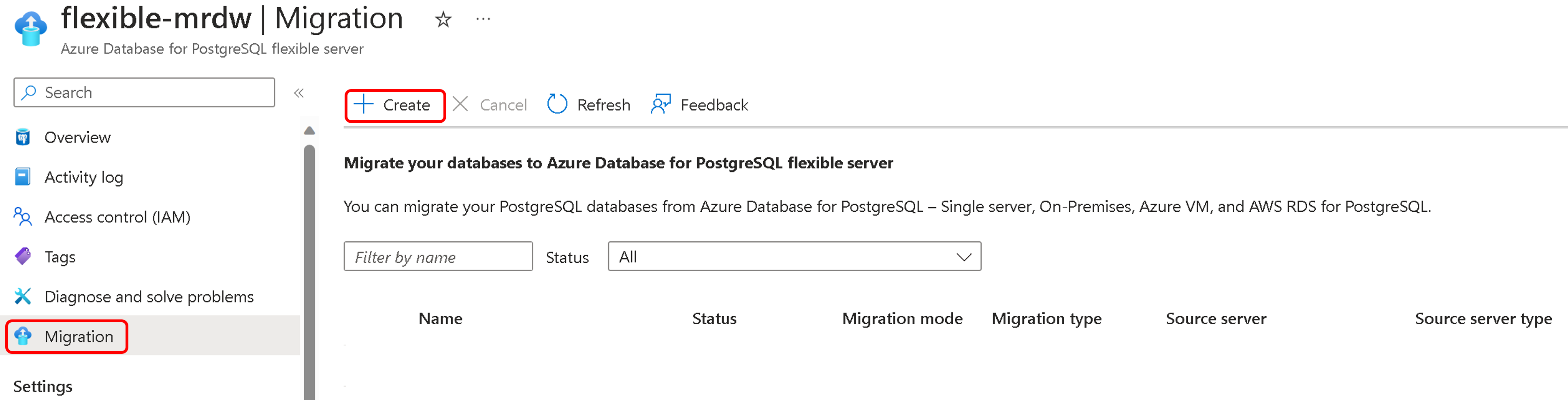 Skärmbild av sidan skapa migrering.