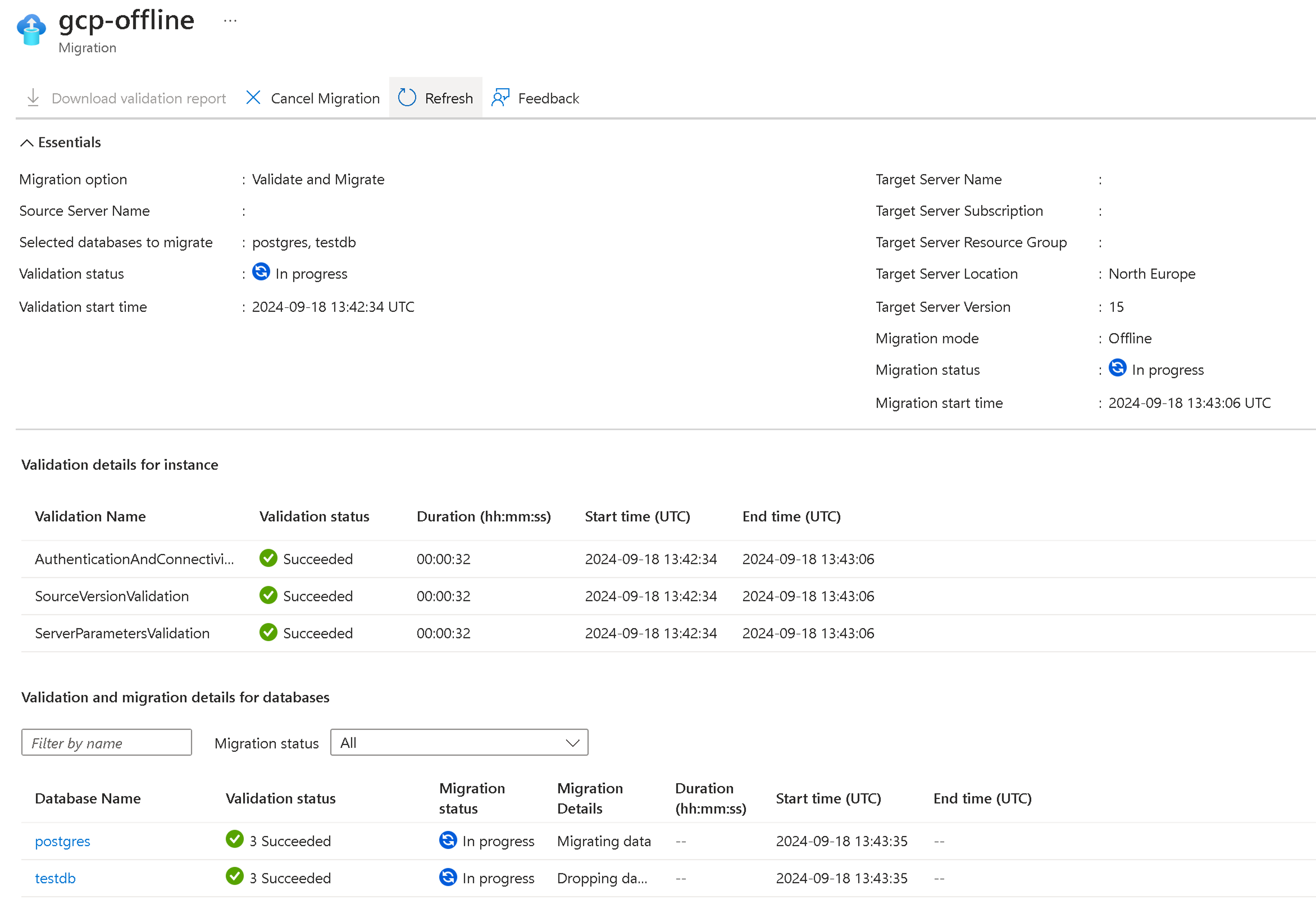 Skärmbild av information som visar validering och migrering.