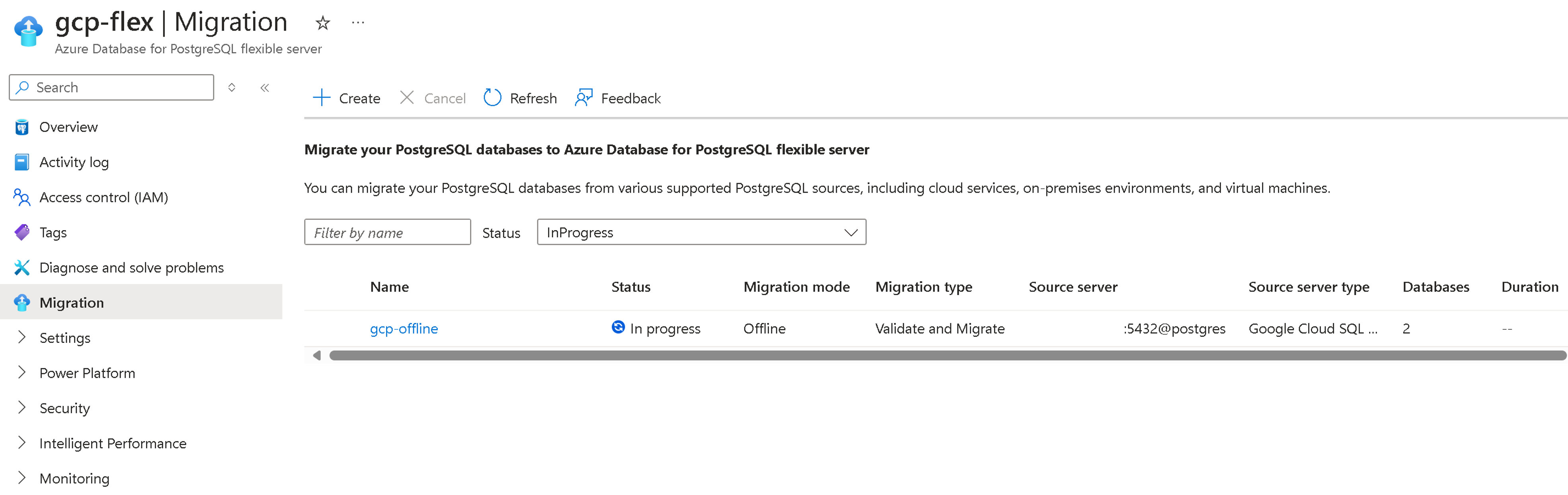 Skärmbild av sidan övervaka migrering.