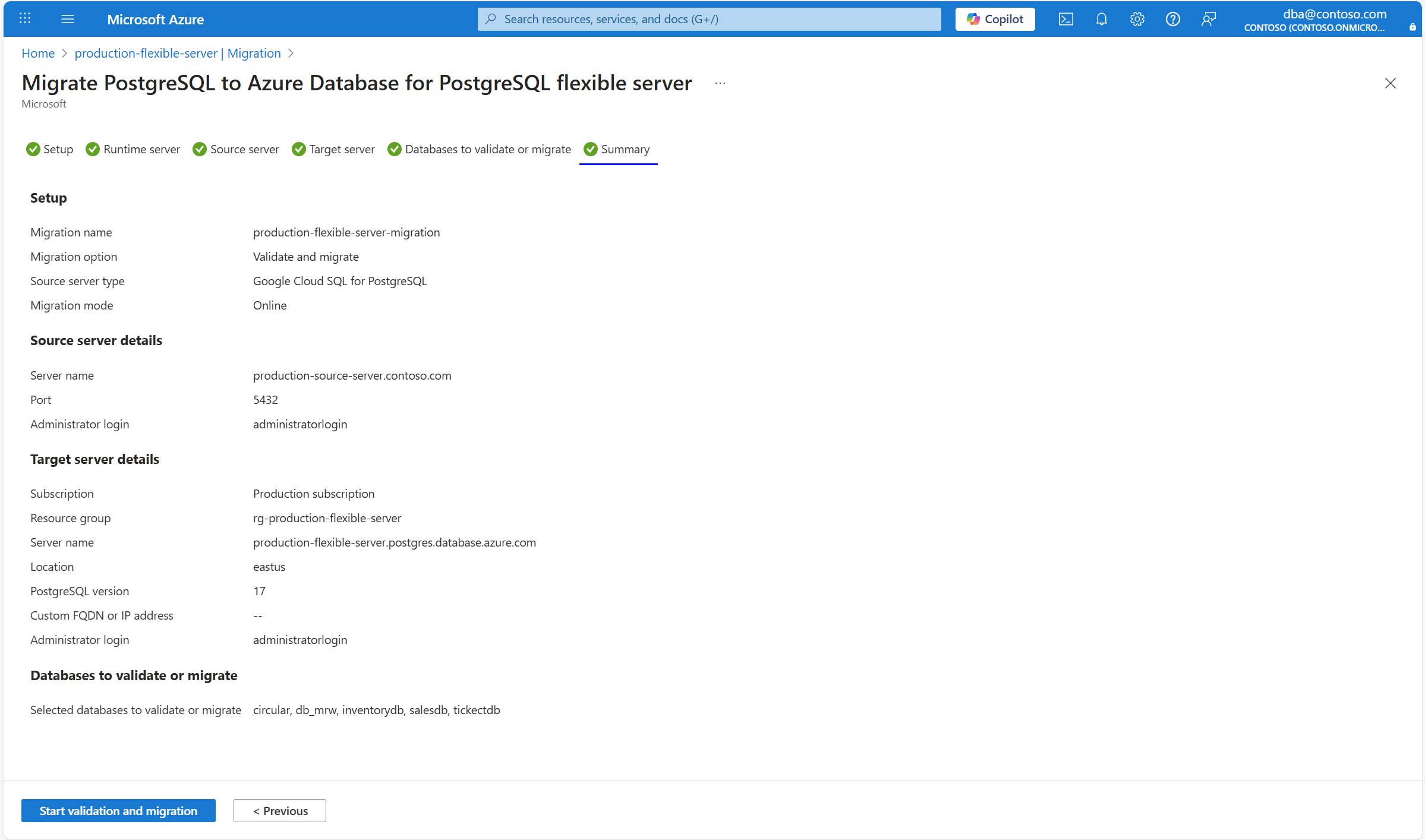Skärmbild av fliken Migreringssammanfattning.
