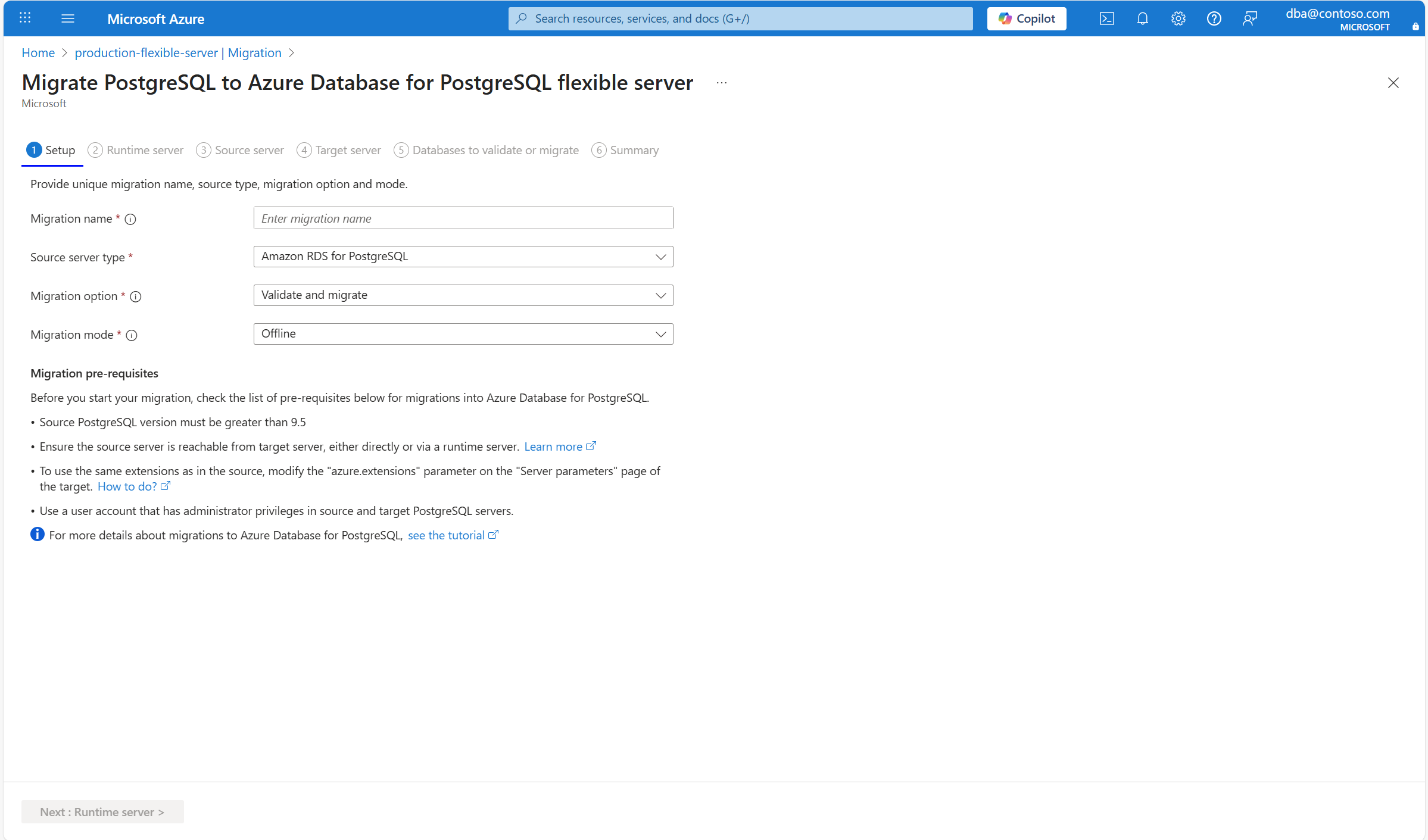 Screenshot of the Setup tab which appears after selecting Create in the Migration page.