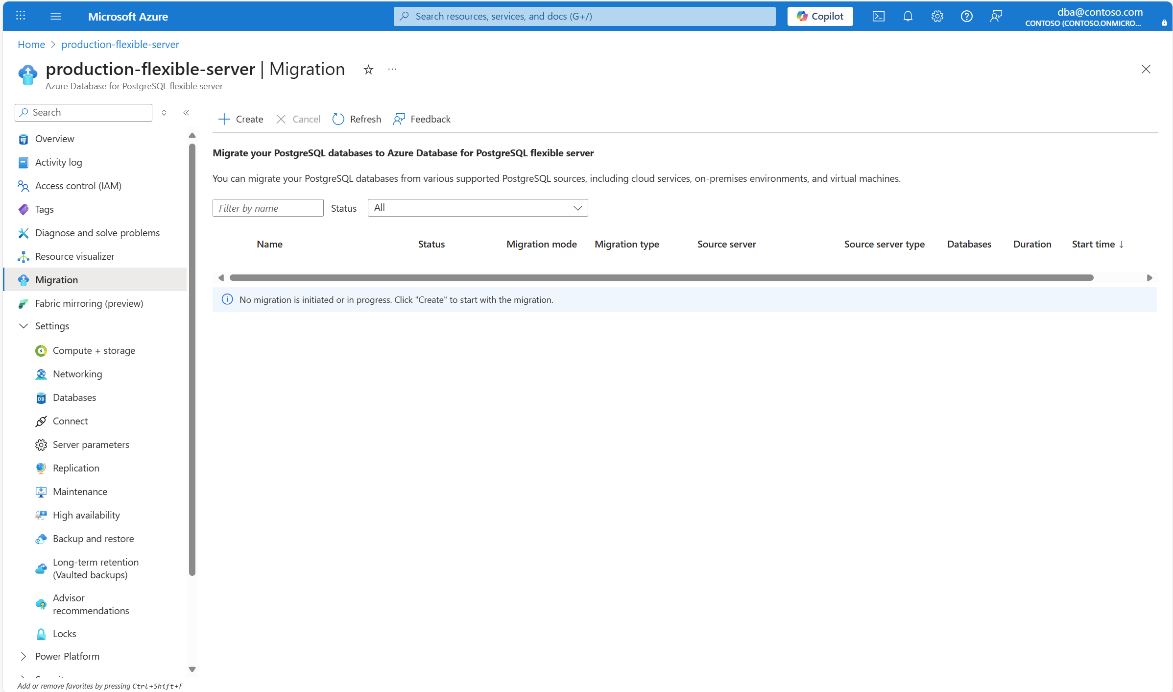 Skärmbild av sidan Migrering.