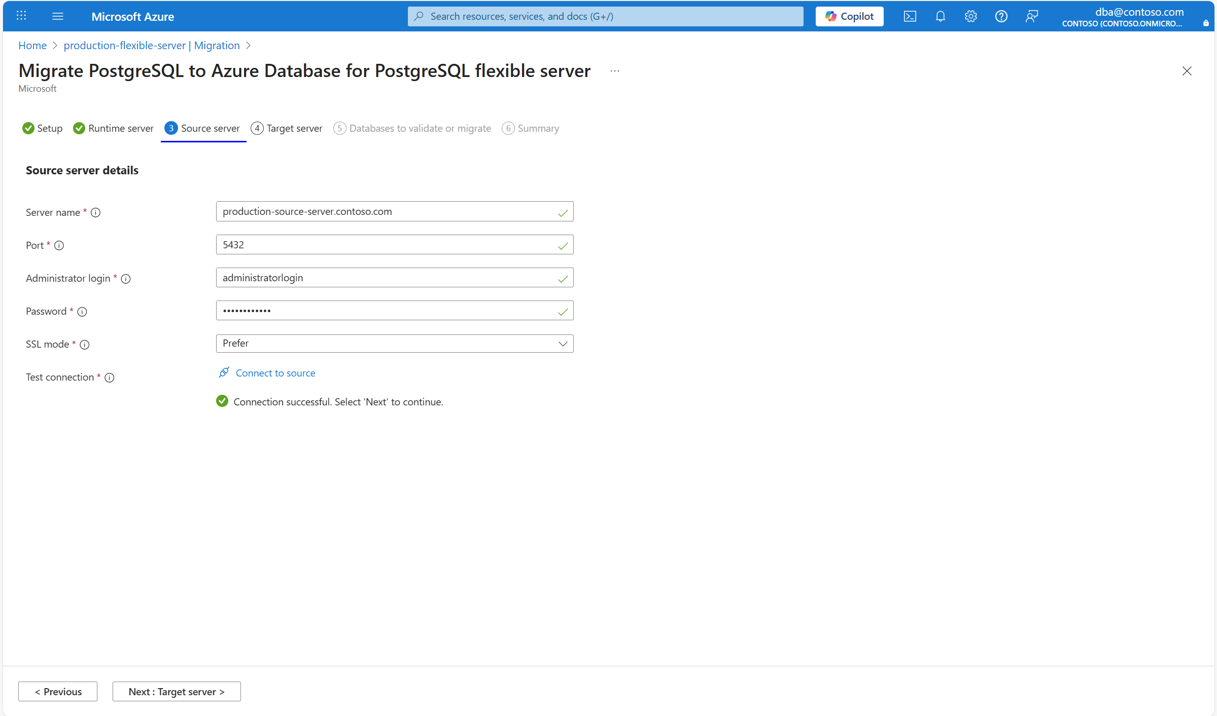 Skärmbild av fliken Källservermigrering.