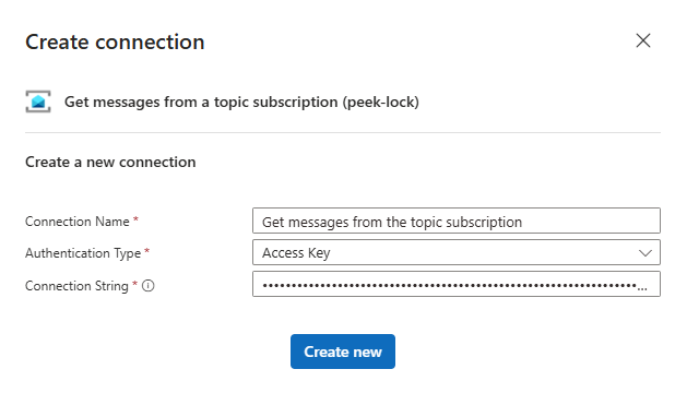 Skärmbild som visar Logic Apps Designer med service bus-anslutningssträngen angiven.