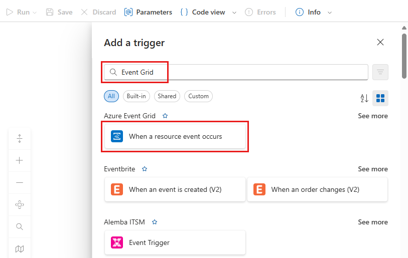Skärmbild som visar Logic Apps Designer med Event Grid-utlösaren markerad.
