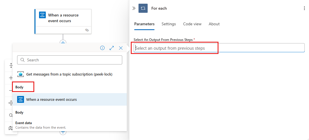 Skärmbild som visar valet av För varje indata.