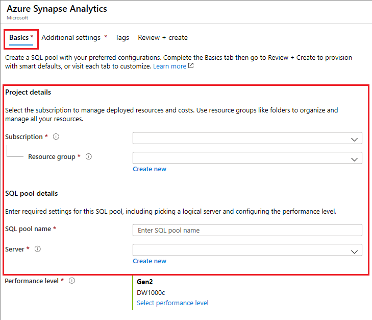 En skärmbild av Azure Portal. Skapa grundläggande information om informationslager.